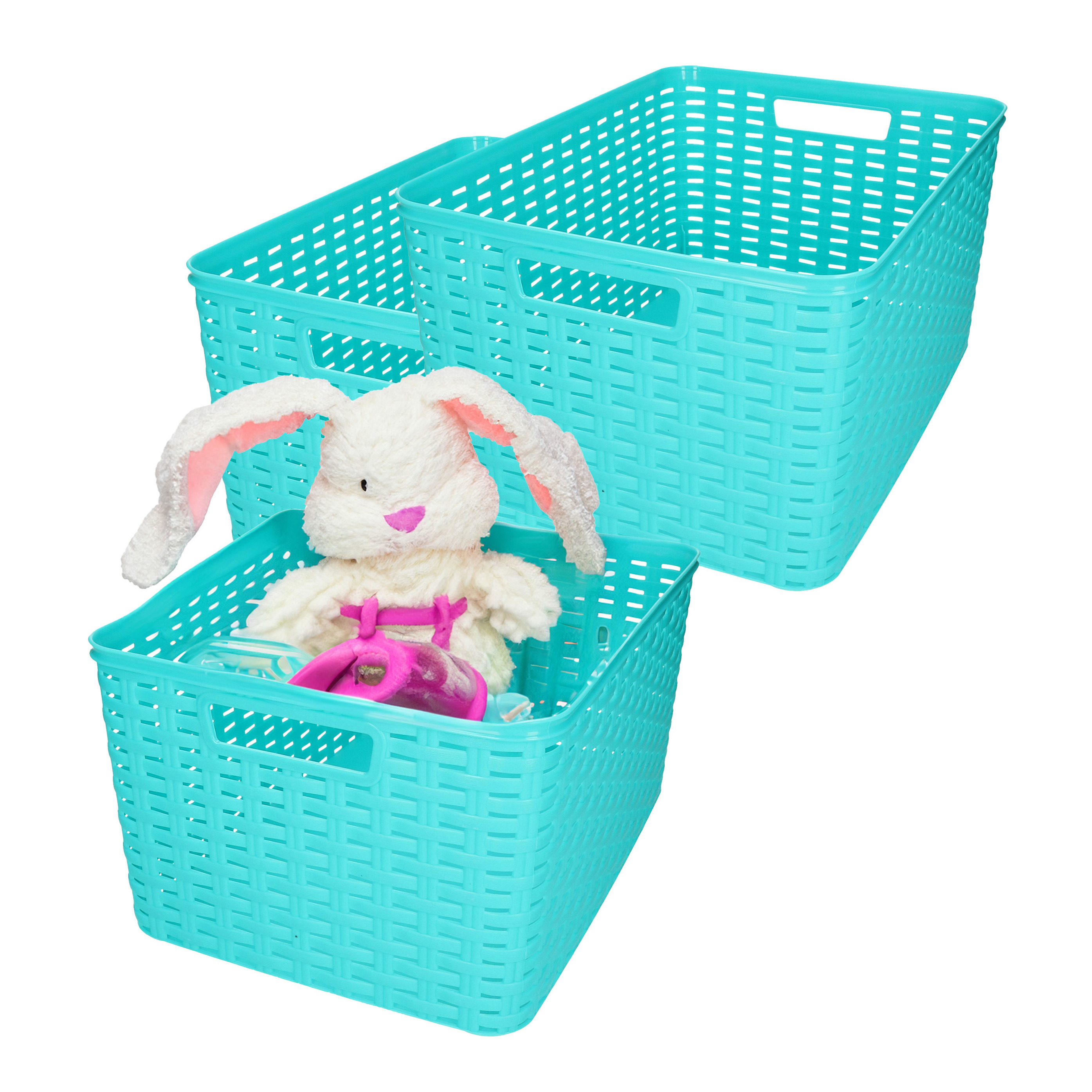 Opbergmand - 3x - Kastmand - rotan kunststof - turquoise blauw - 18 Liter - 29 x 39 x 20 cm -