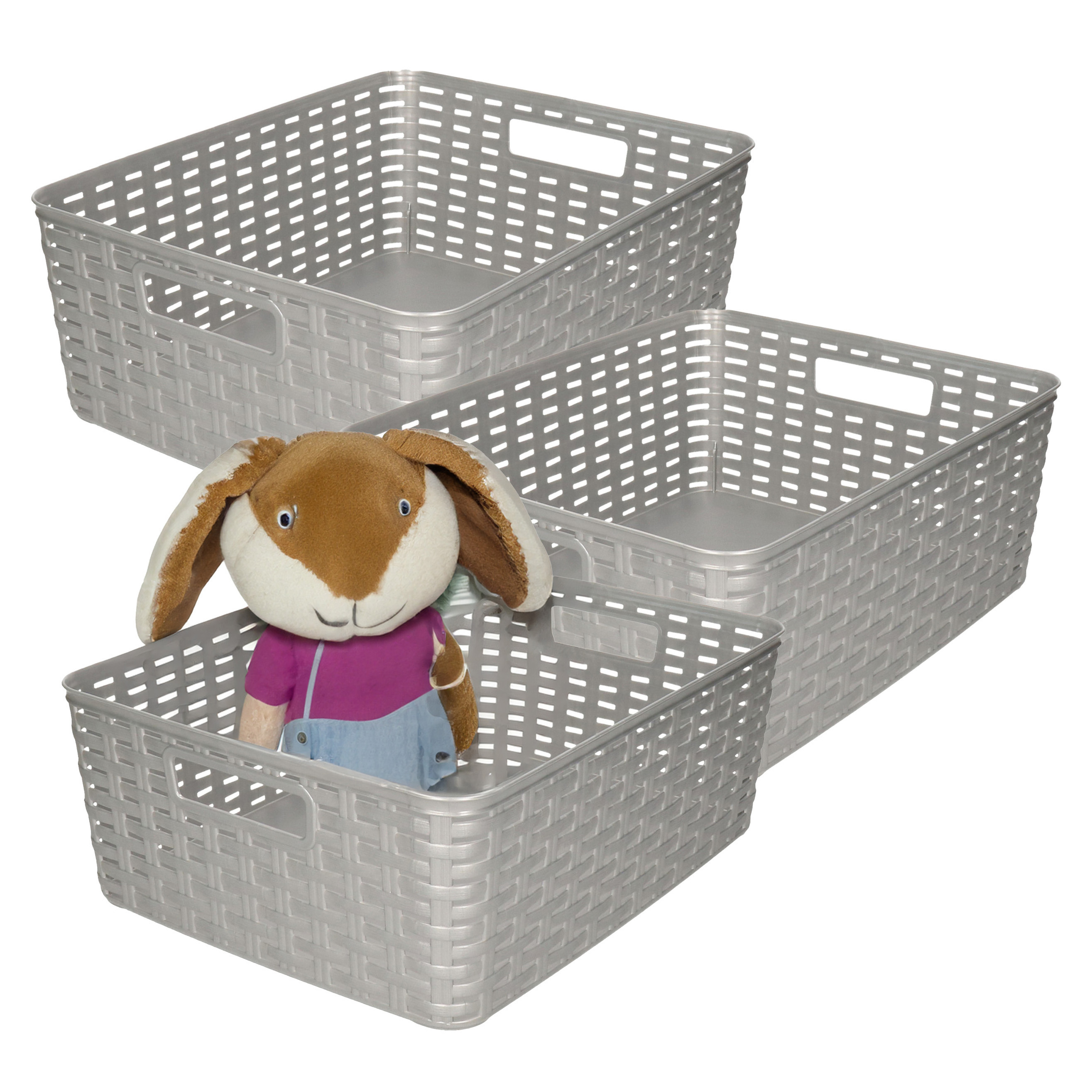 Opbergmand - 3x - Kastmand - rotan kunststof - zilver - 12 Liter - 30 x 37 x 13 cm -