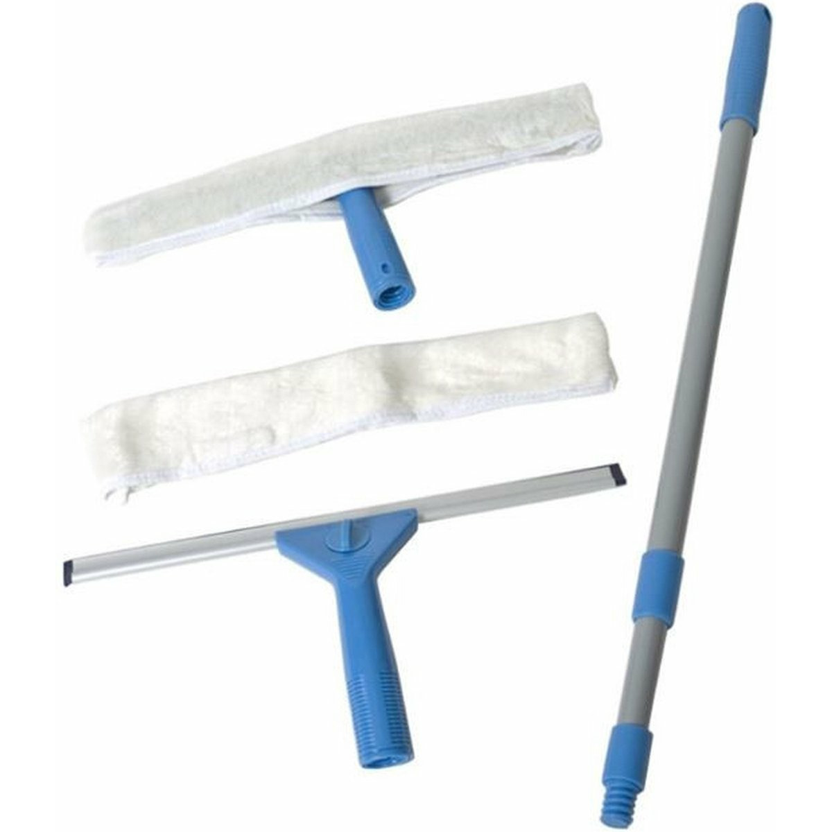 Gerimport glazenwasser set - 4-delig - blauw/wit - 71-110 cm - raamtrekkers/doek/stok -