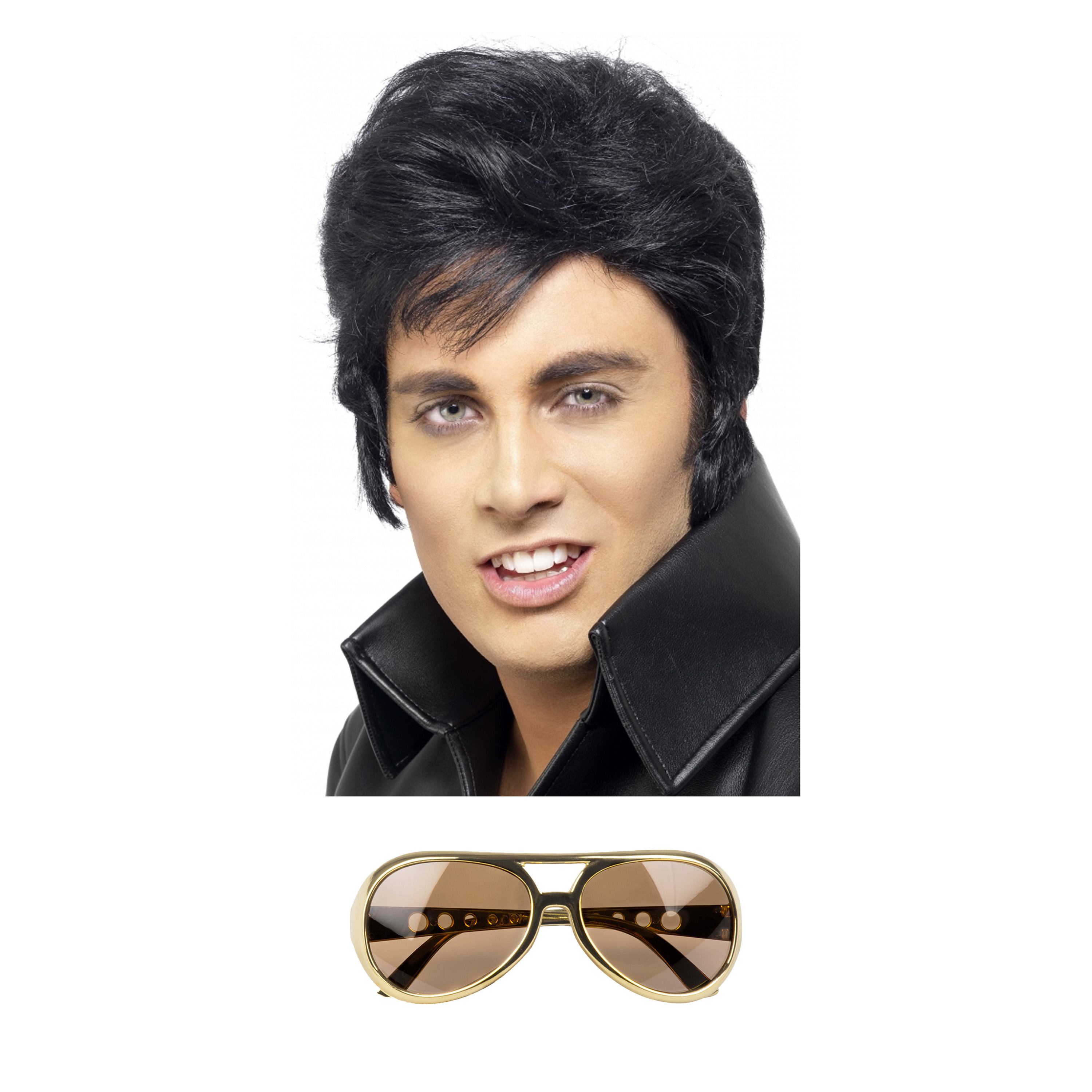 Rock and Roll ster Elvis verkleed set - herenpruik zwart met kuif - en bril goud montuur -