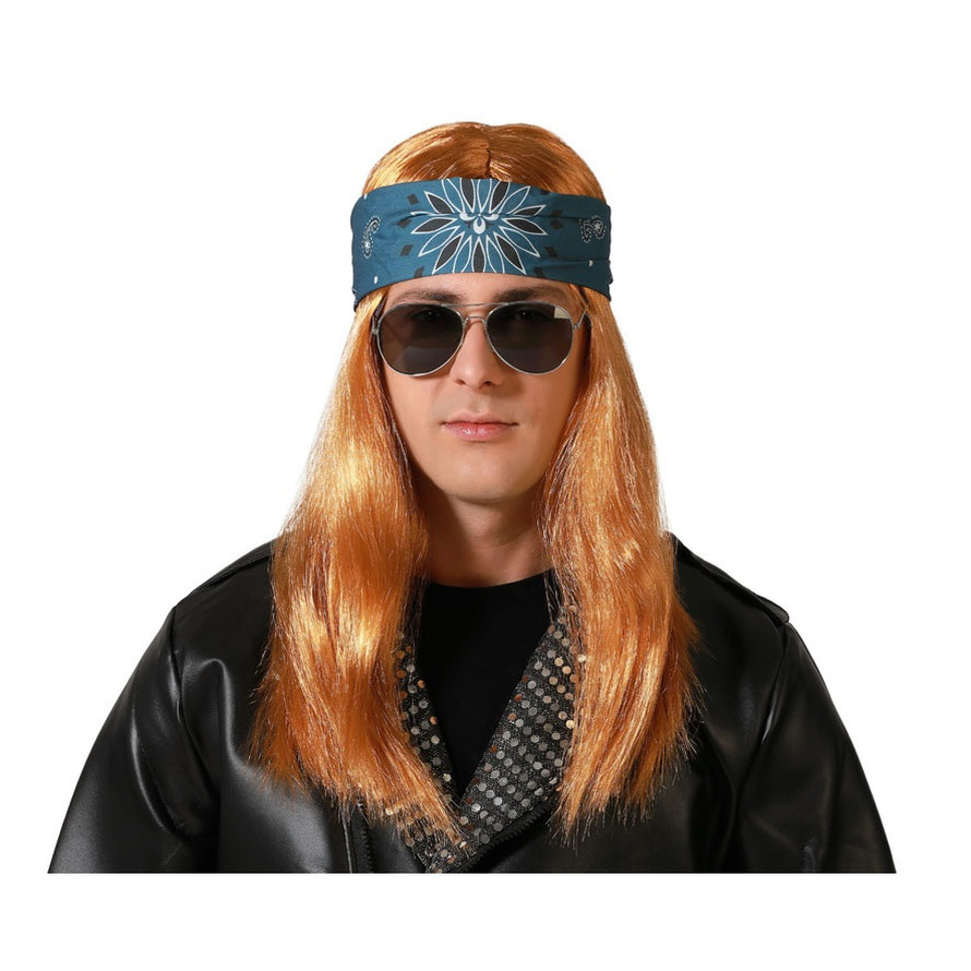 Verkleedpruik voor heren met lang stijl haar - Bruin - Rocker/Biker - Carnaval/Party - met haarband -
