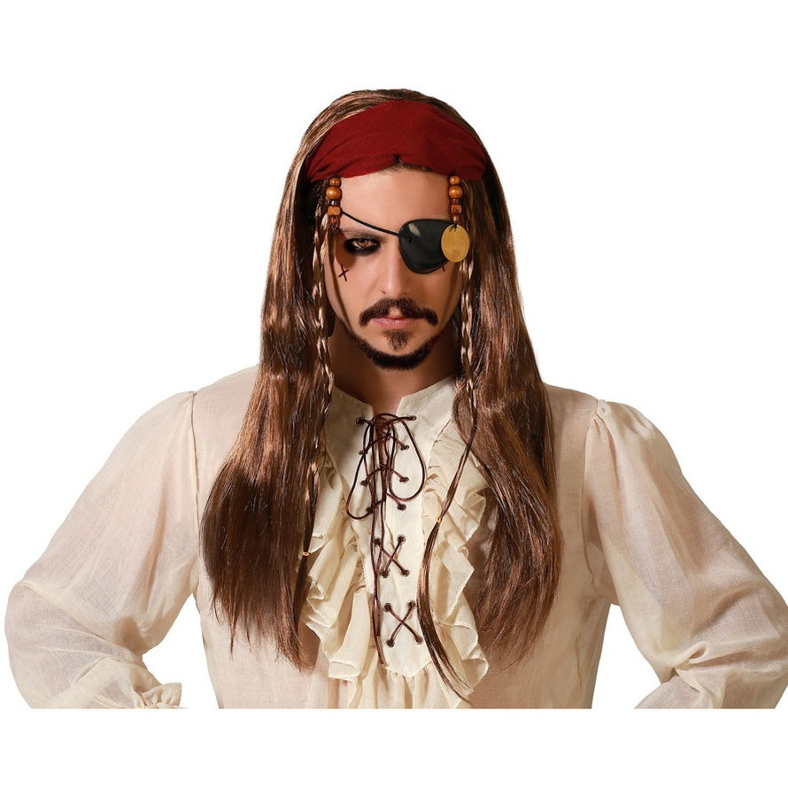 Verkleedpruik voor heren met lang stijl haar - Bruin - Piraat - Carnaval/party - met haarband -