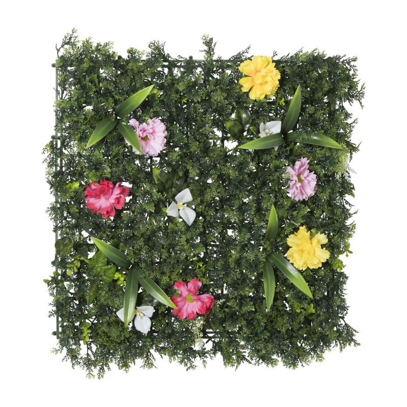 Wanddecoratie met kunstgras en bloemen - groen - 50x50 cm