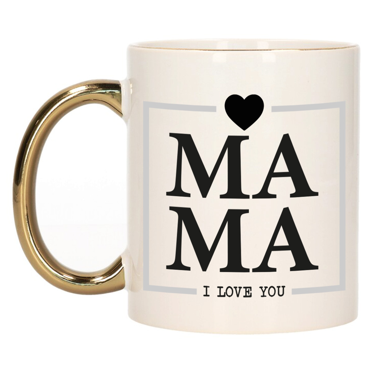 Cadeau koffie/thee mok voor mama - wit/grijs - ik hou van jou - gouden oor - Moederdag -