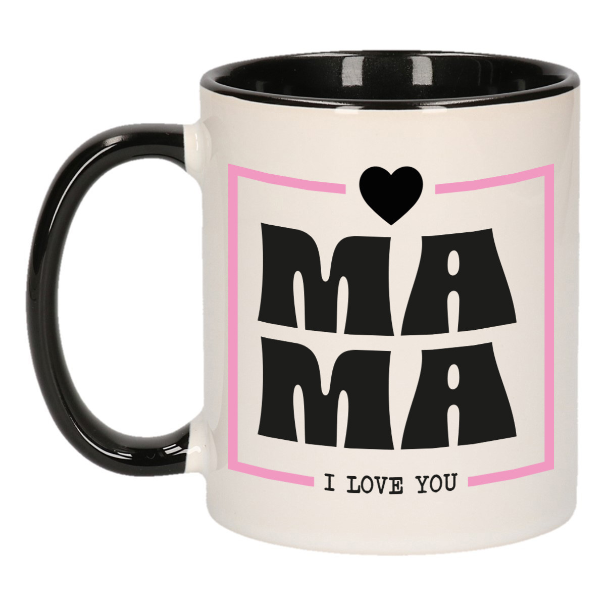 Cadeau koffie/thee mok voor mama - zwart/roze - ik hou van jou - keramiek - Moederdag -