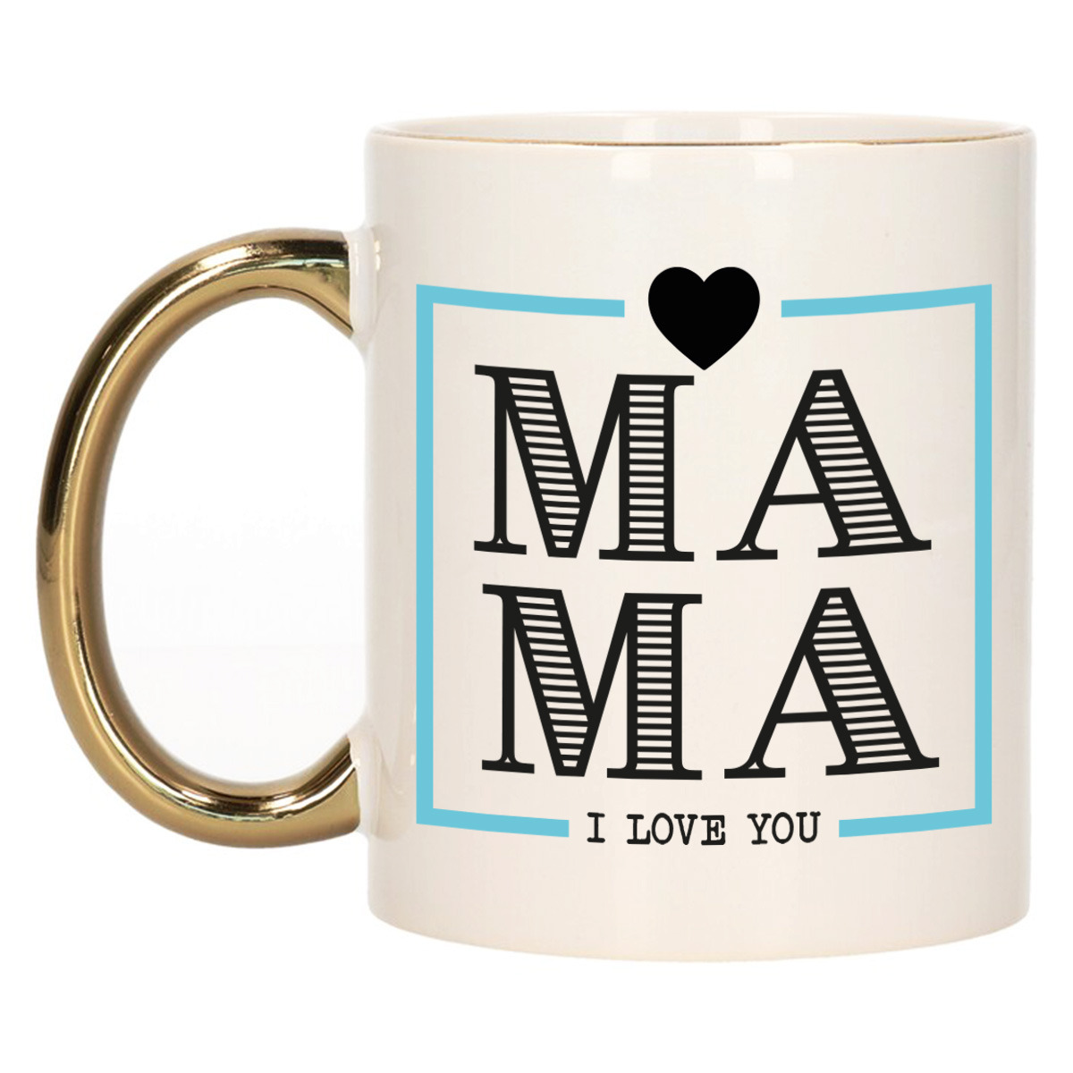 Cadeau koffie/thee mok voor mama - wit/blauw - ik hou van jou - gouden oor - Moederdag -