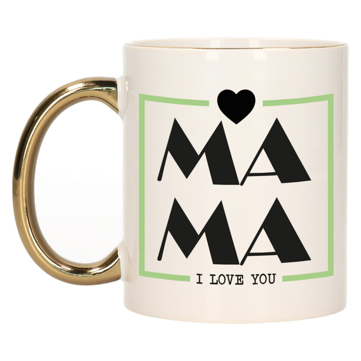 Cadeau koffie/thee mok voor mama - wit/groen - ik hou van jou - gouden oor - Moederdag -