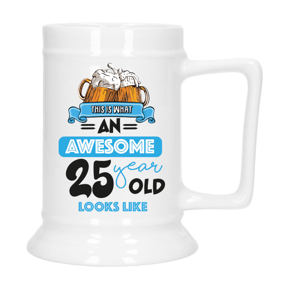 Cadeau Bierpul voor 25 jaar - blauw - grappige leeftijd bierpul - keramiek - 530 ml -