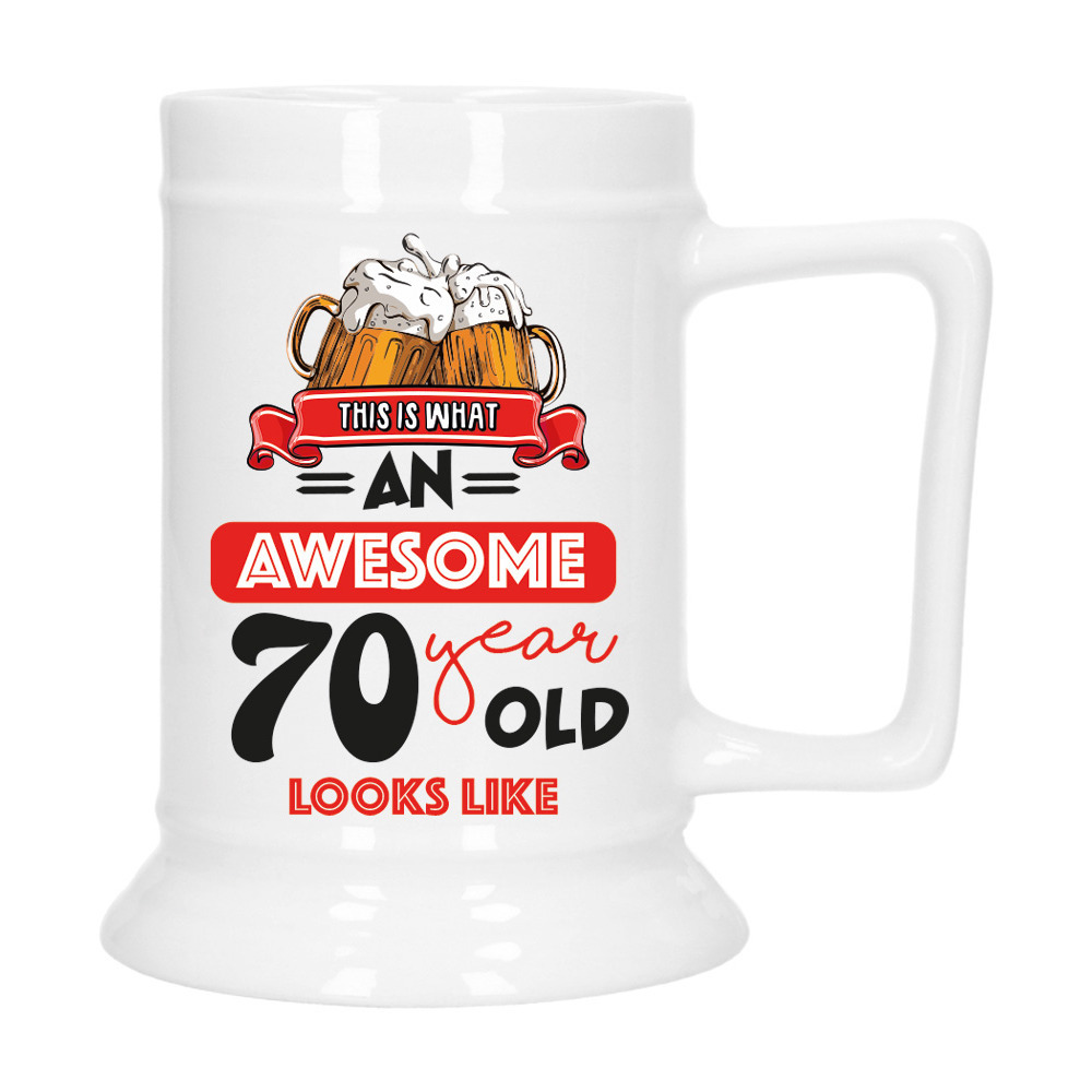 Cadeau Bierpul voor 70 jaar - rood - grappige leeftijd bierpul - keramiek - 530 ml -
