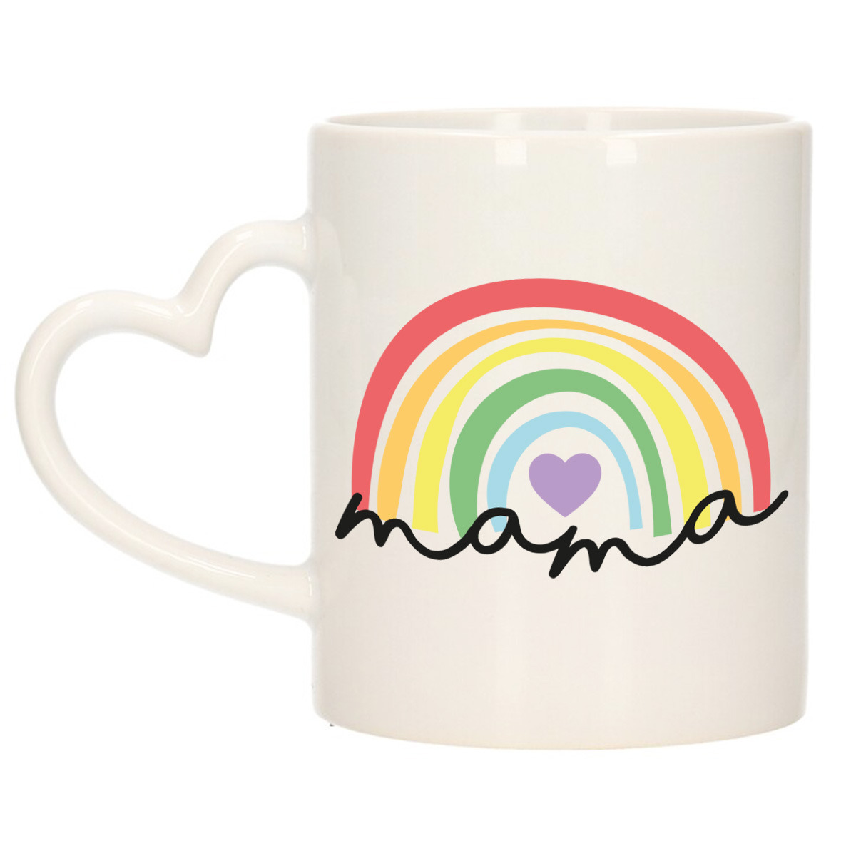 Cadeau koffie/thee mok voor mama - wit met een hartjes oor - regenboog - keramiek - Moederdag -