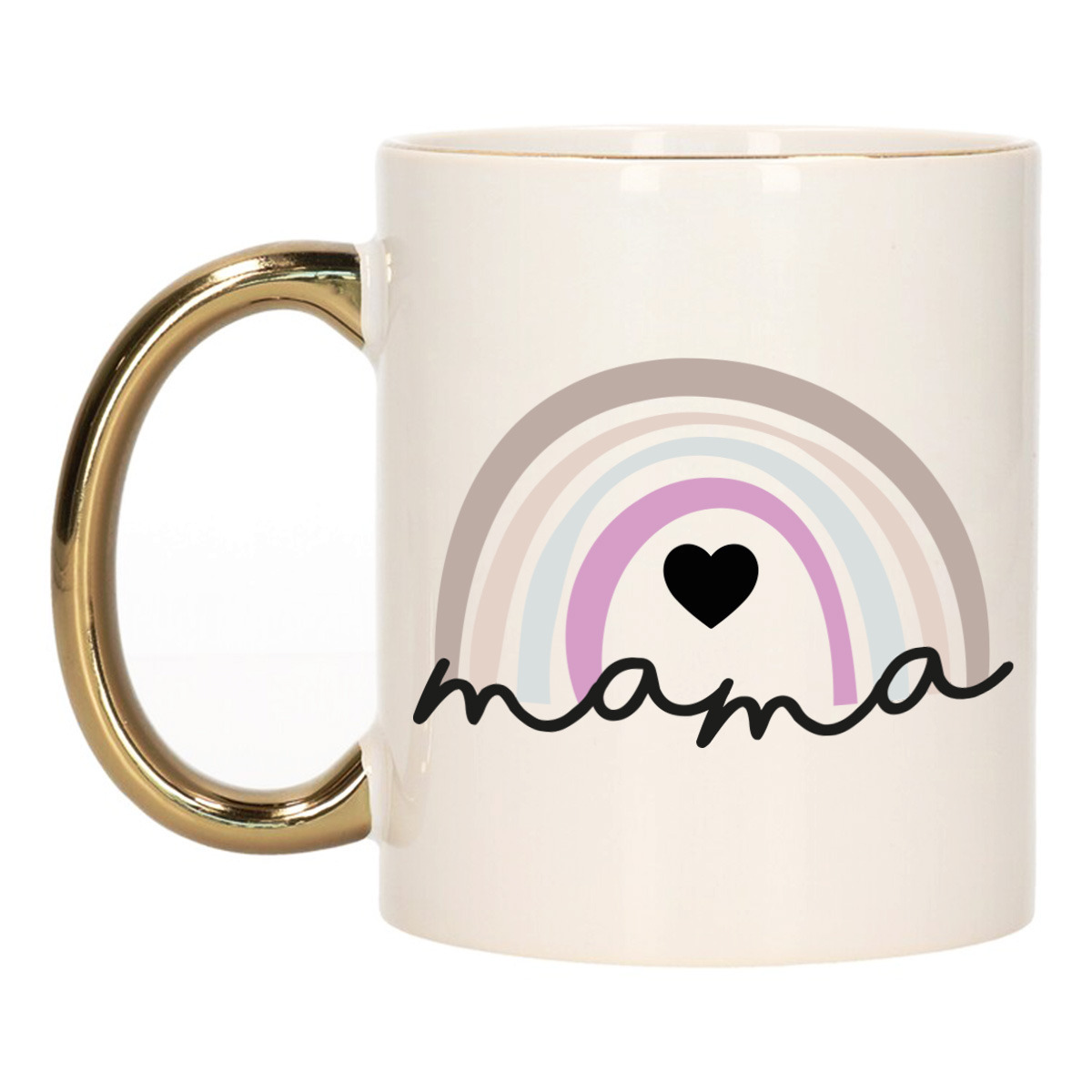 Cadeau koffie/thee mok voor mama - wit met gouden oor - pastel regenboog - keramiek - Moederdag -