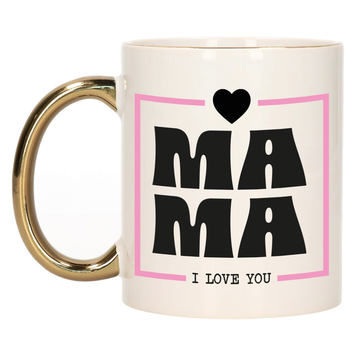 Cadeau koffie/thee mok voor mama - wit/roze - ik hou van jou - gouden oor - Moederdag -