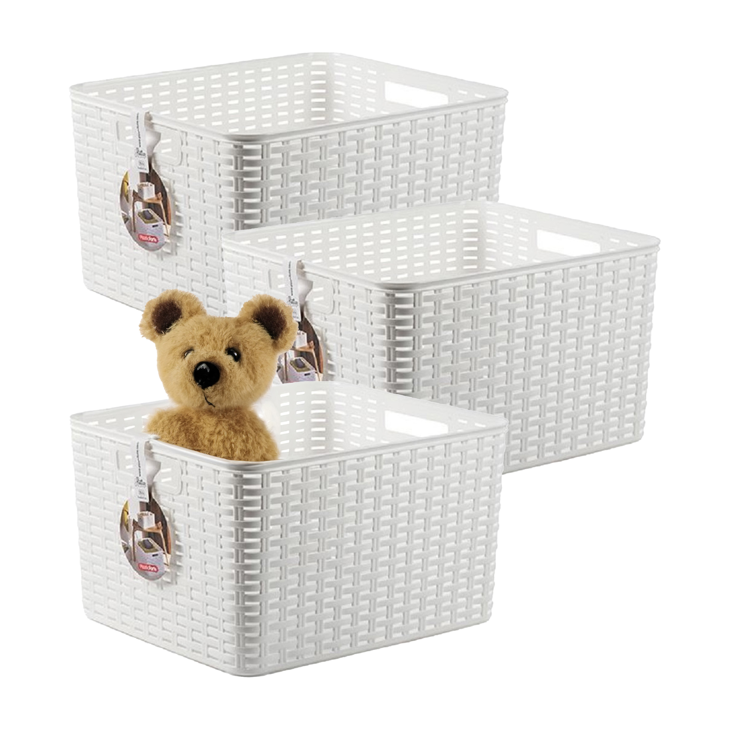 Opbergmand - 3x - Kastmand - rotan kunststof - wit - 28 Liter - 34 x 40 x 23 cm -