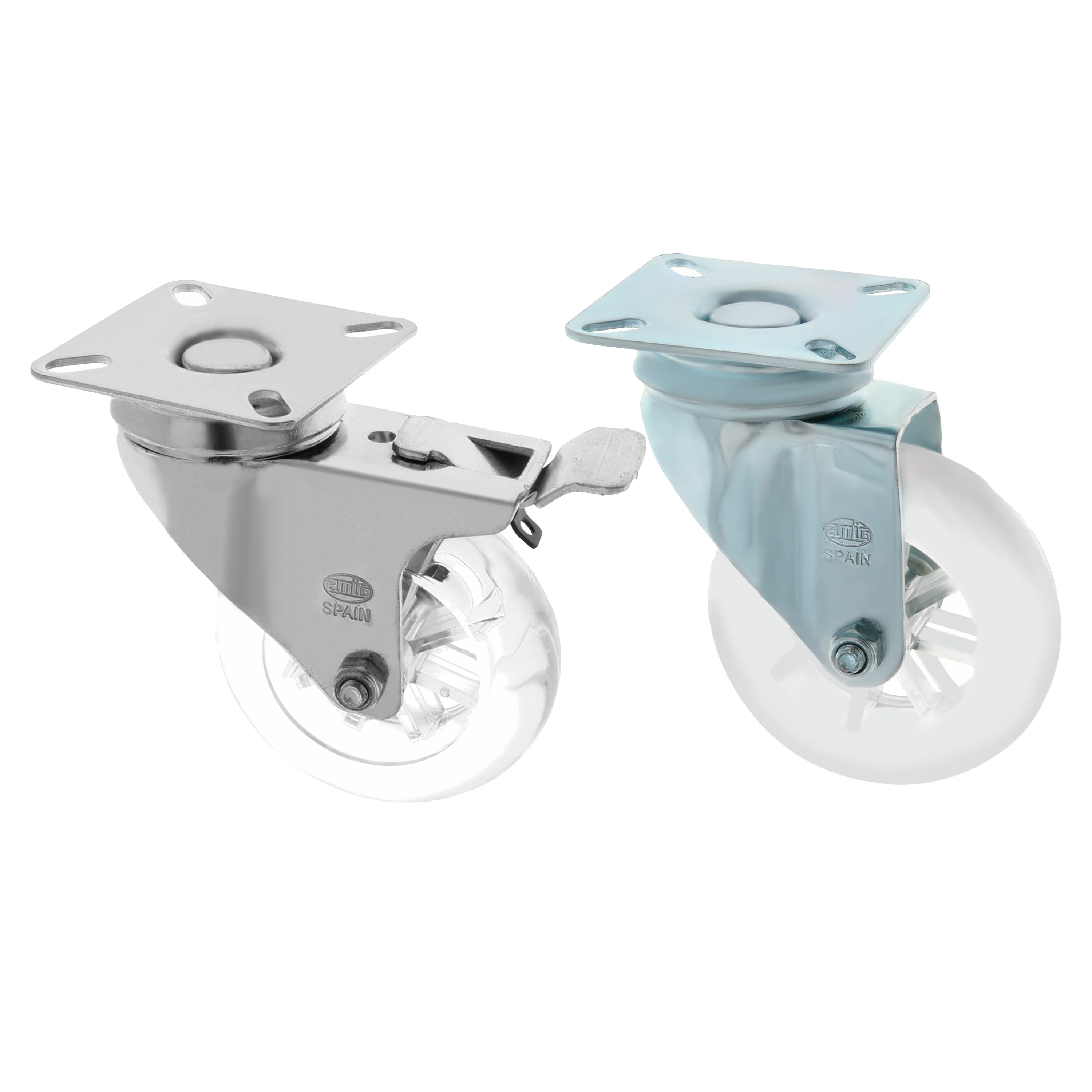 AMIG zwenkwielset met rem - D50mm - 4 wielen - polycarbonaat - 150kg - transparant -