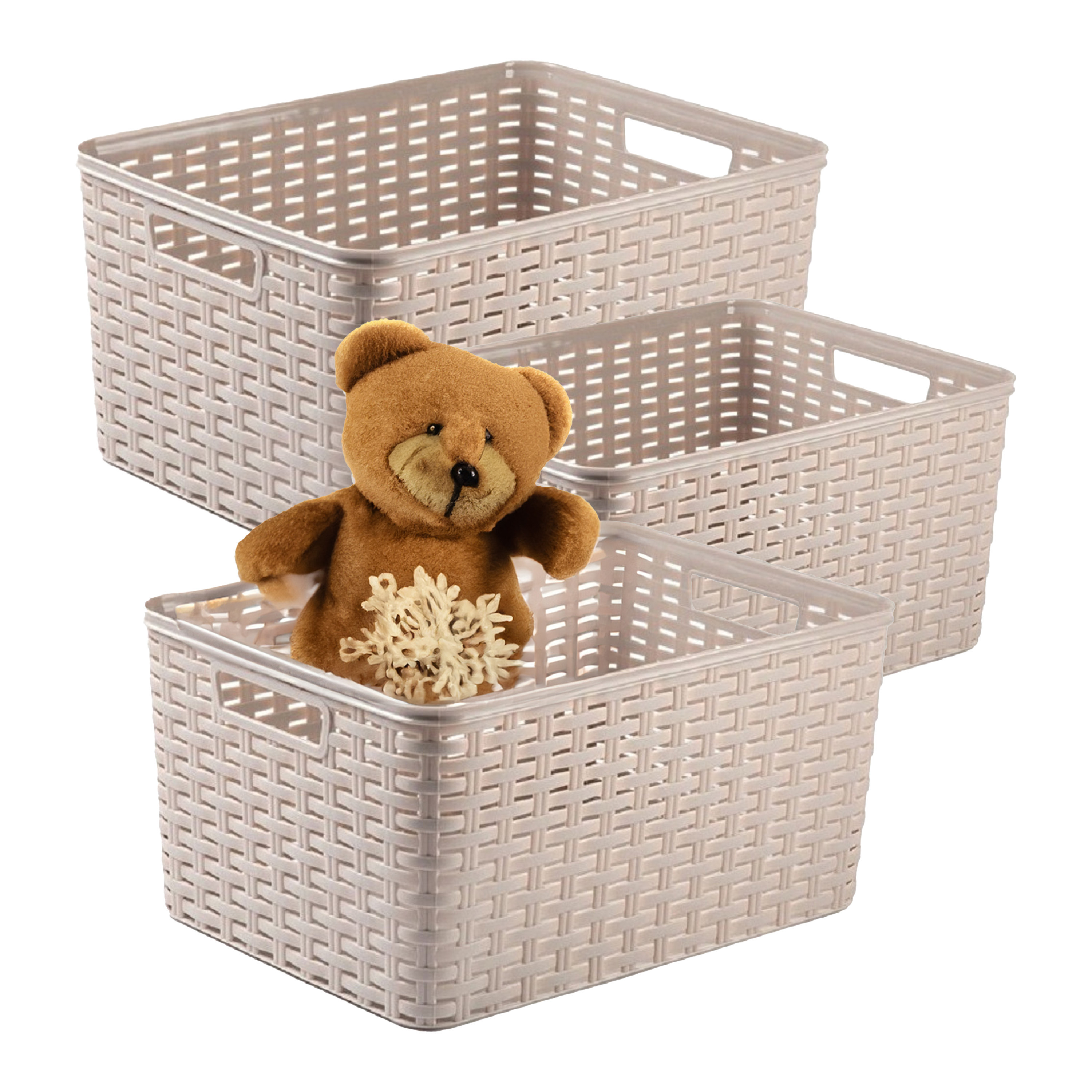 Opbergmand - 3x - Kastmand - rotan kunststof - taupe - 18 Liter - 29 x 39 x 20 cm -