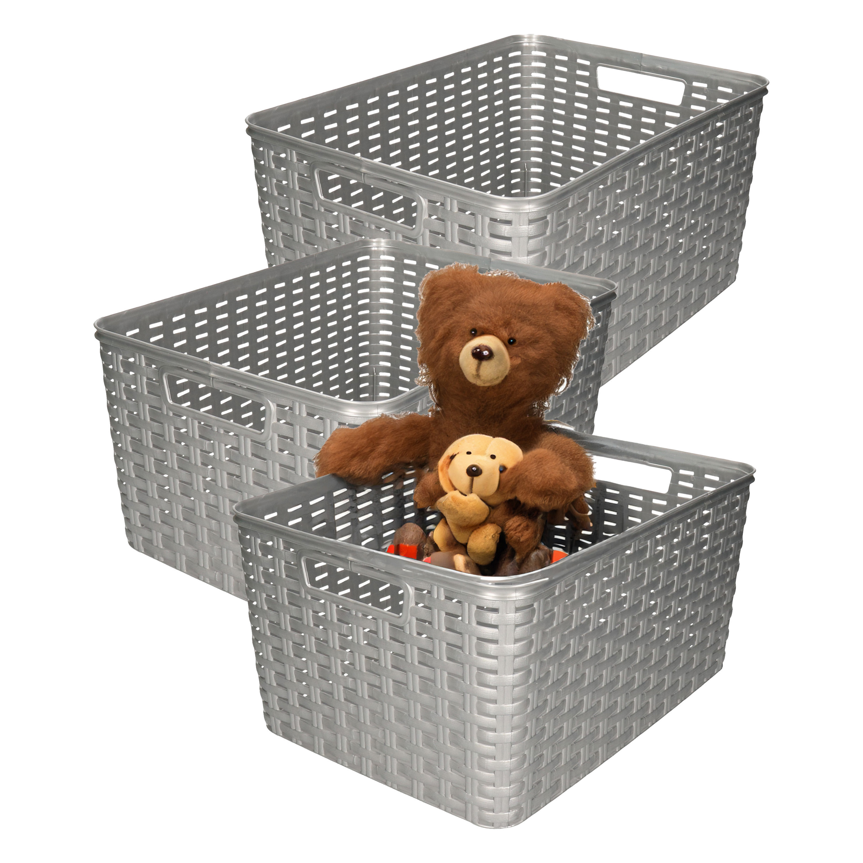 Opbergmand - 3x - Kastmand - rotan kunststof - zilver - 18 Liter - 29 x 39 x 20 cm -