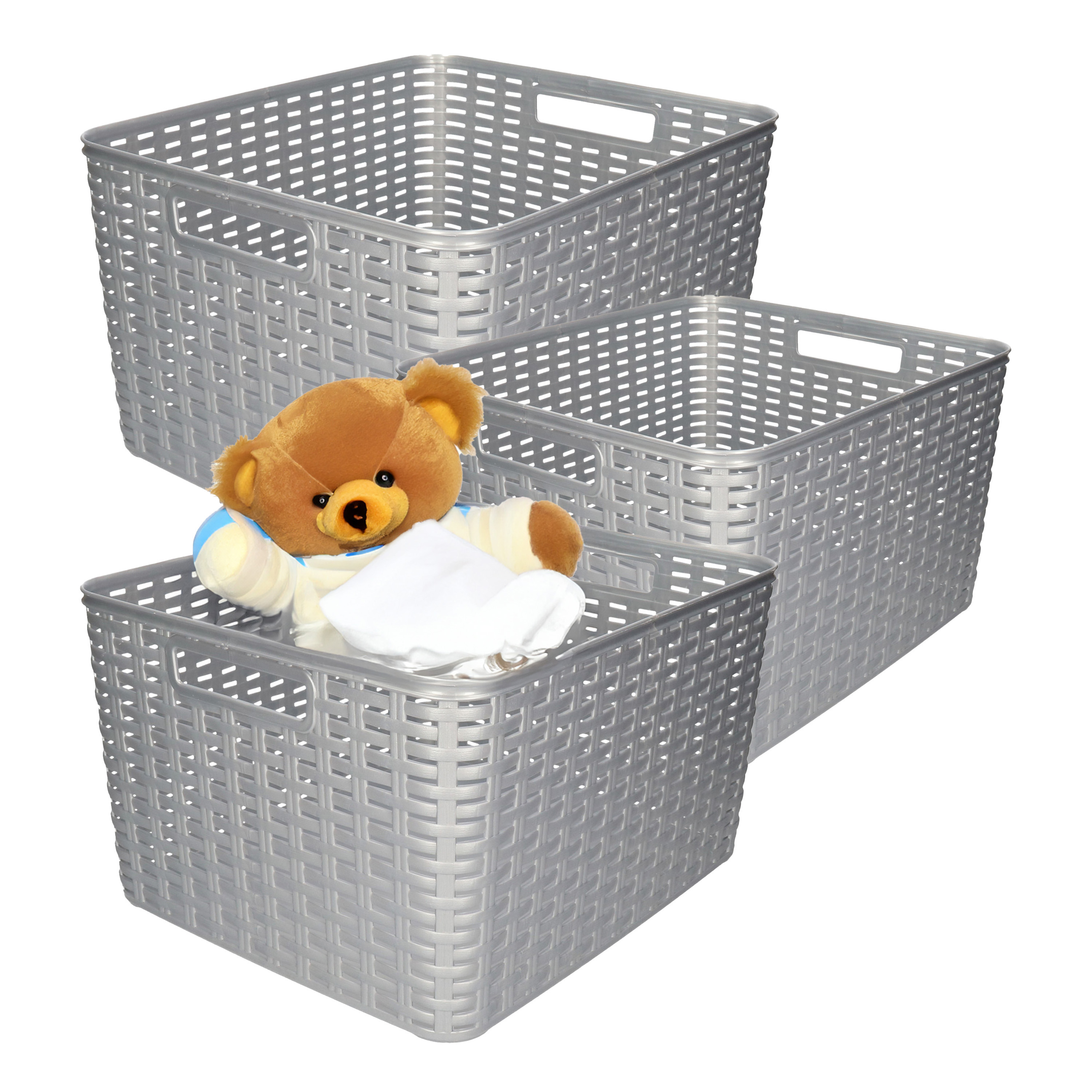 Opbergmand - 5x - Kastmand - rotan kunststof - zilver - 28 Liter - 34 x 40 x 23 cm -