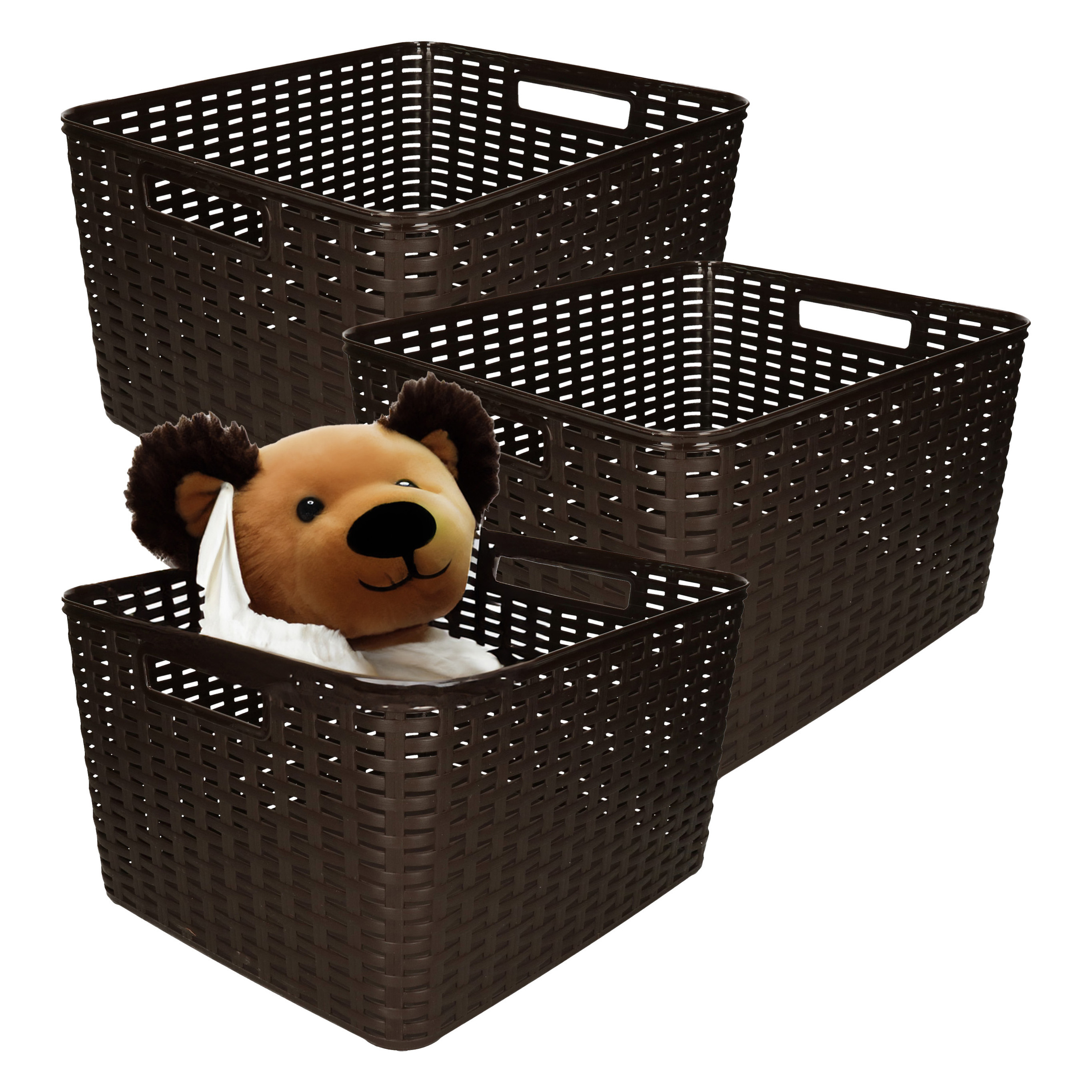 Opbergmand - 3x - Kastmand - rotan kunststof - donkerbruin - 28 Liter - 34 x 40 x 23 cm -