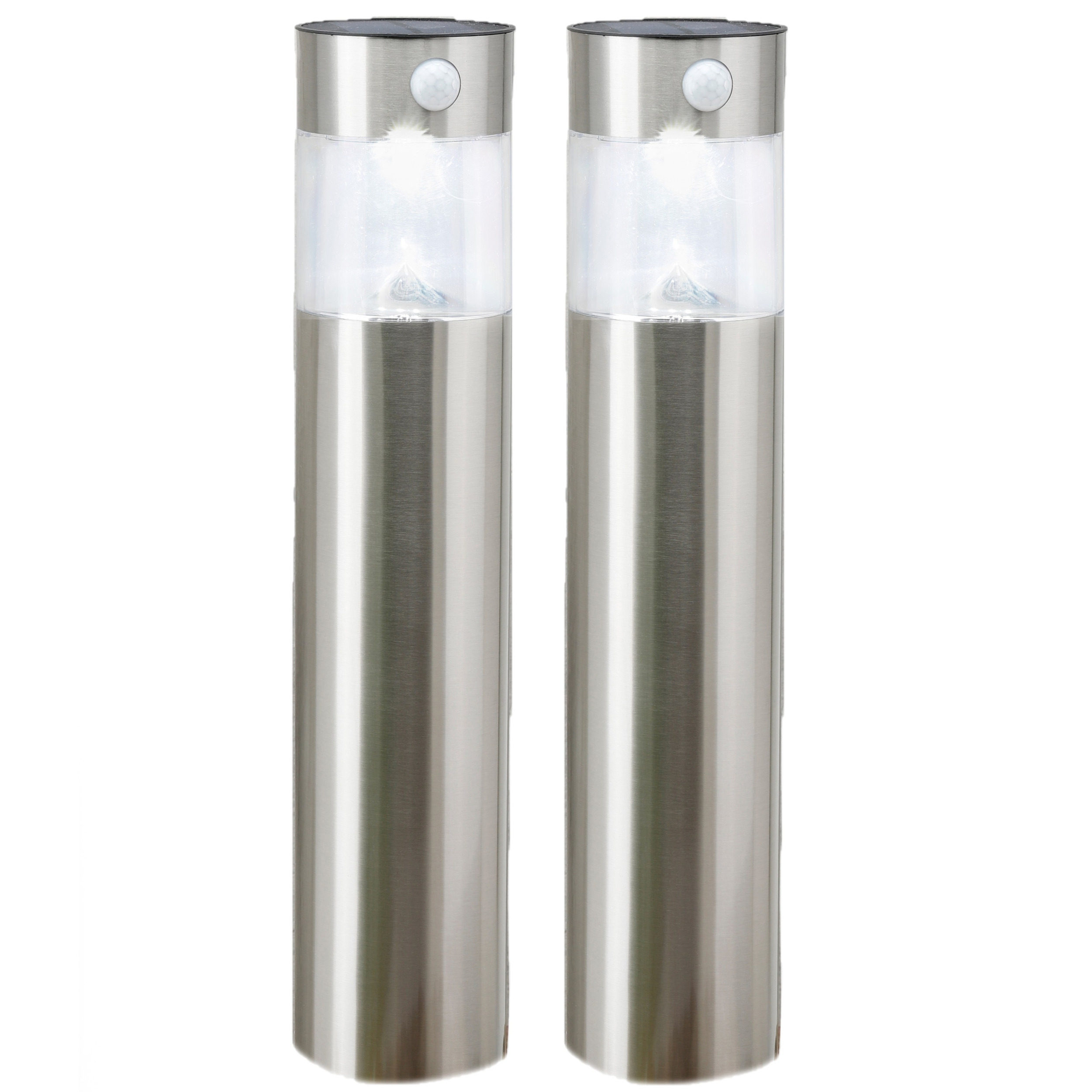 Set van 2x stuks solar tuinlampen/prikspots pilaar op zonne-energie met bewegingssensor 50 cm Rvs -