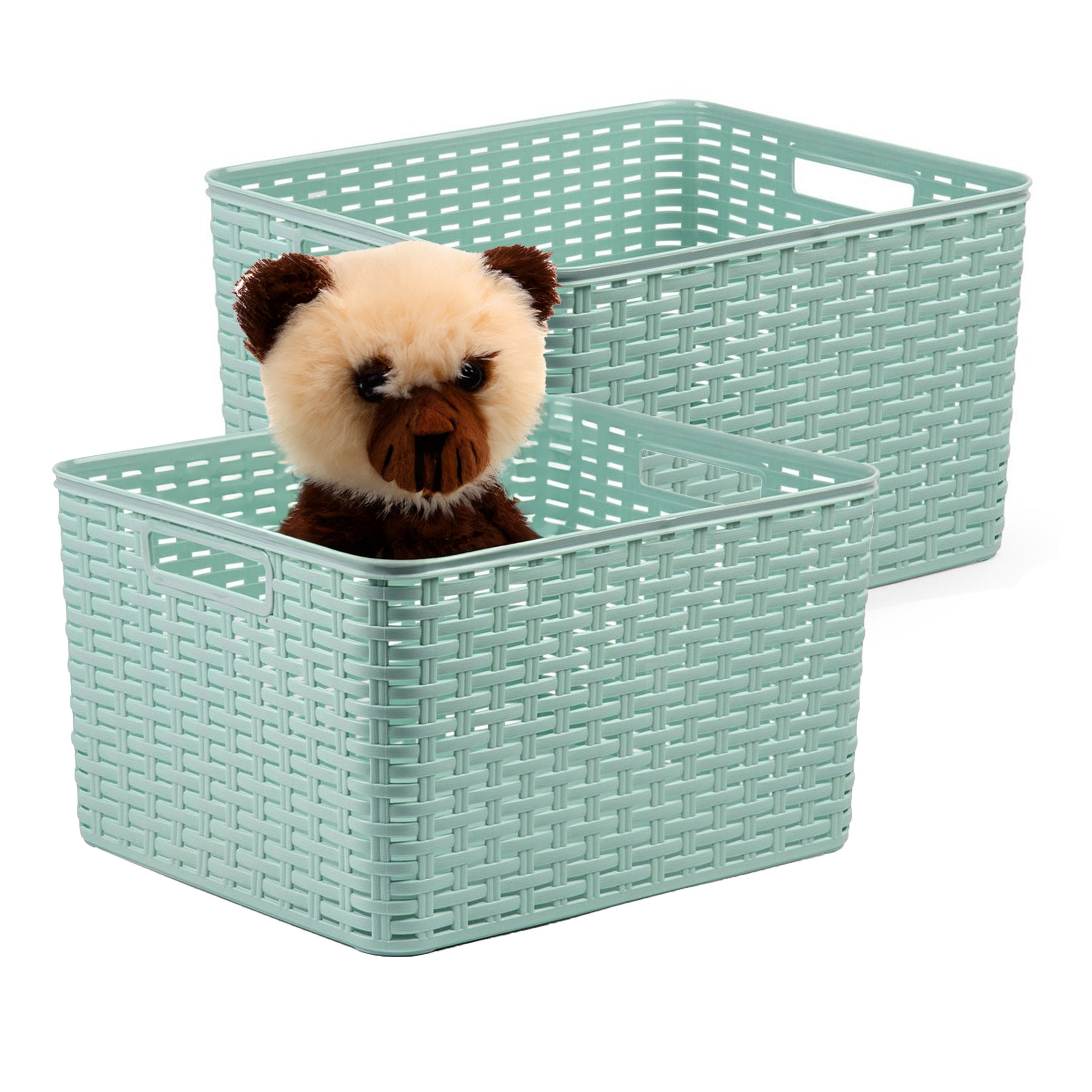 Opbergmand - 2x - Kastmand - rotan kunststof - mintgroen - 28 Liter - 34 x 40 x 23 cm -
