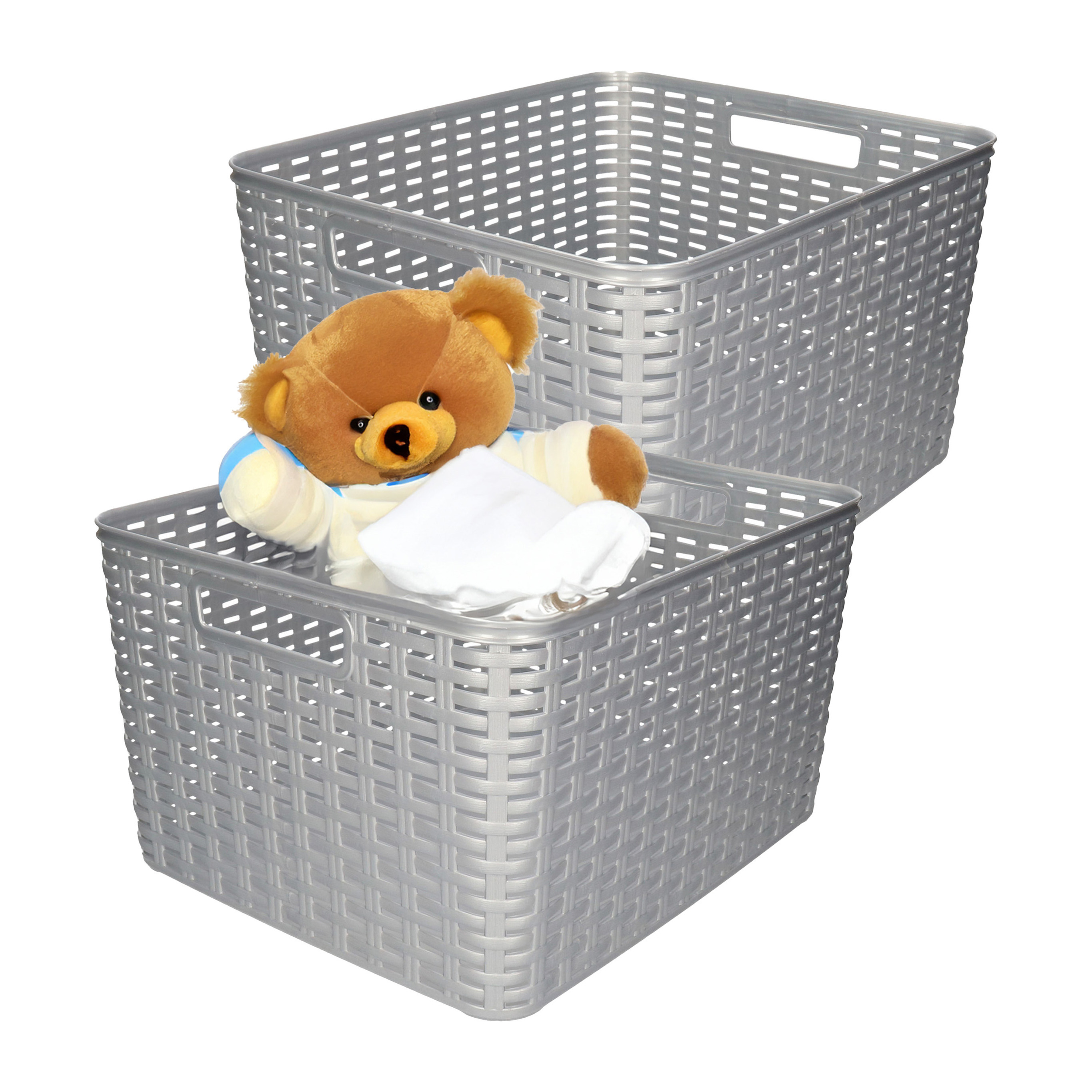 Opbergmand - 2x - Kastmand - rotan kunststof - zilver - 28 Liter - 34 x 40 x 23 cm -
