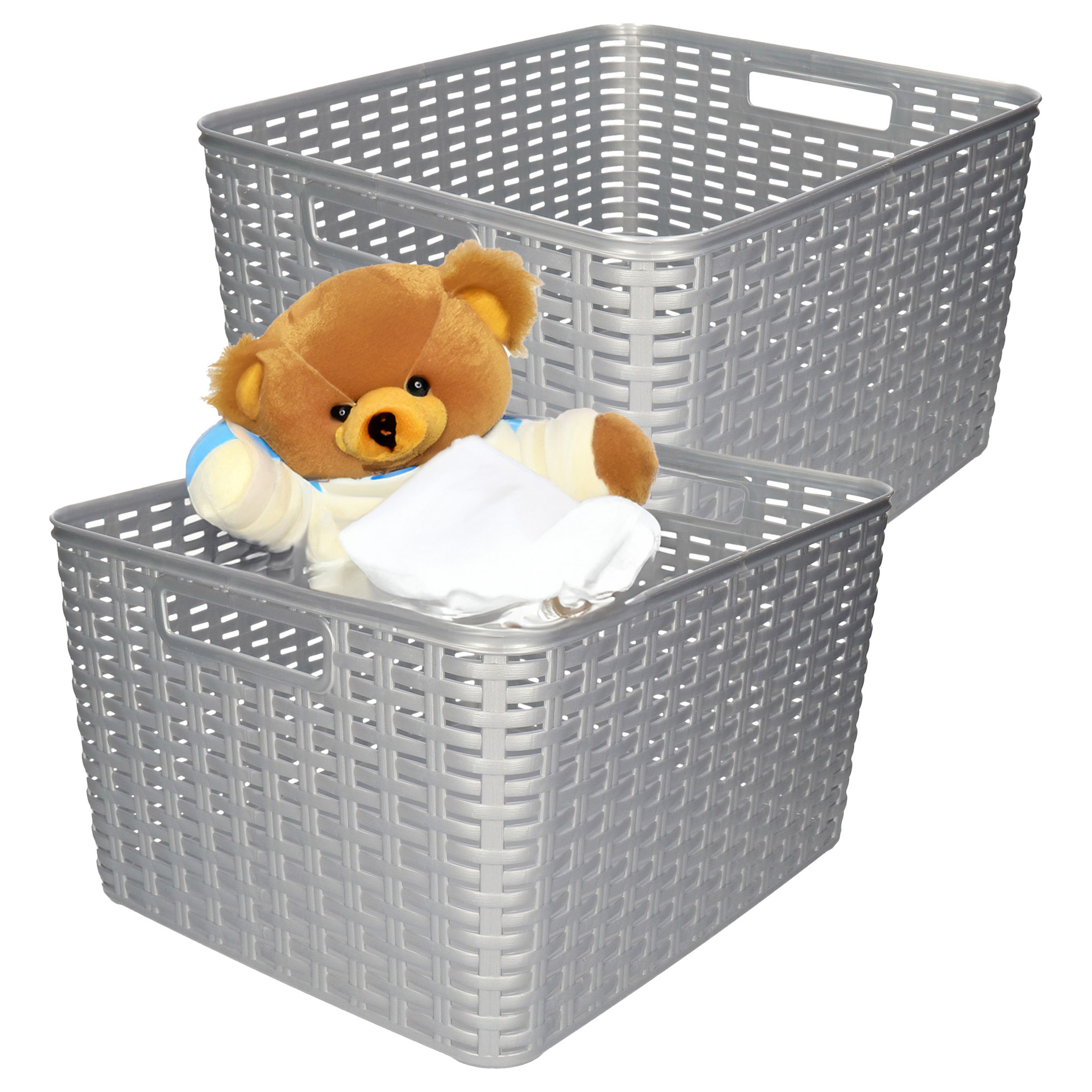 Opbergmand - 4x - Kastmand - rotan kunststof - zilver - 28 Liter - 34 x 40 x 23 cm -