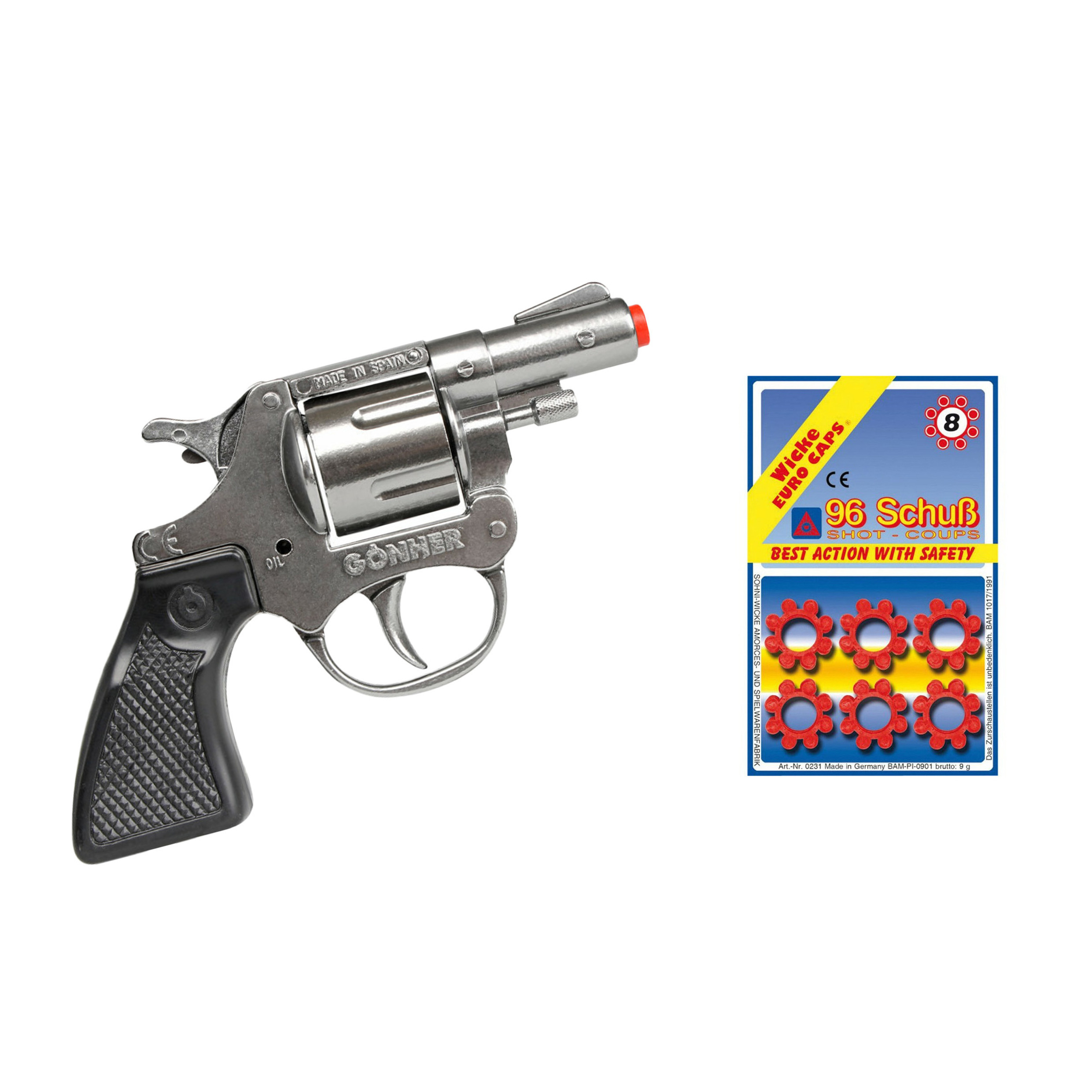 Gohner politie verkleed speelgoed revolver/pistool - metaal - met 12x ringen 8 schots plaffertjes -