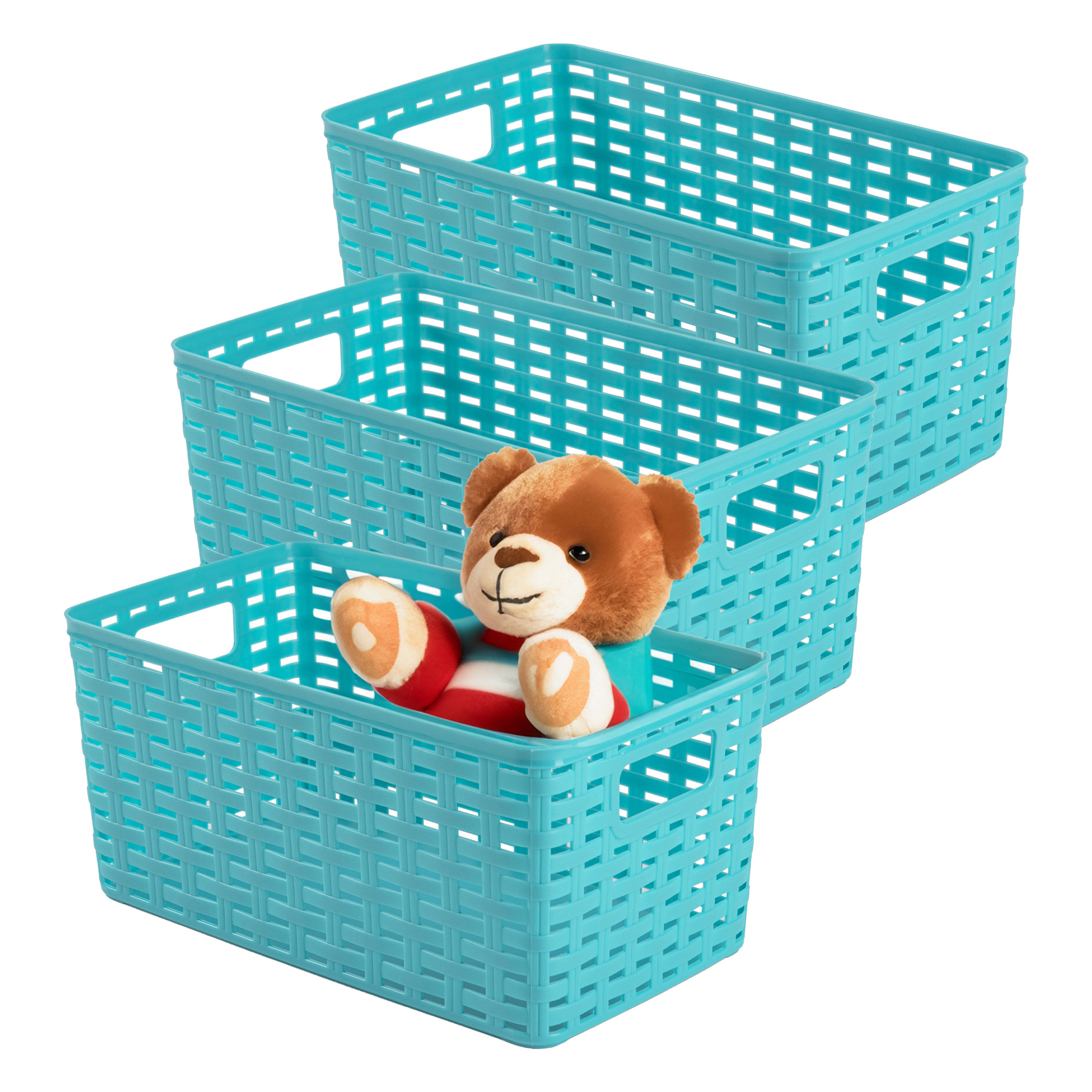 Opbergmand - 3x - Kastmand - rotan kunststof - turquoise blauw - 5 Liter - 15 x 28 x 13 cm -