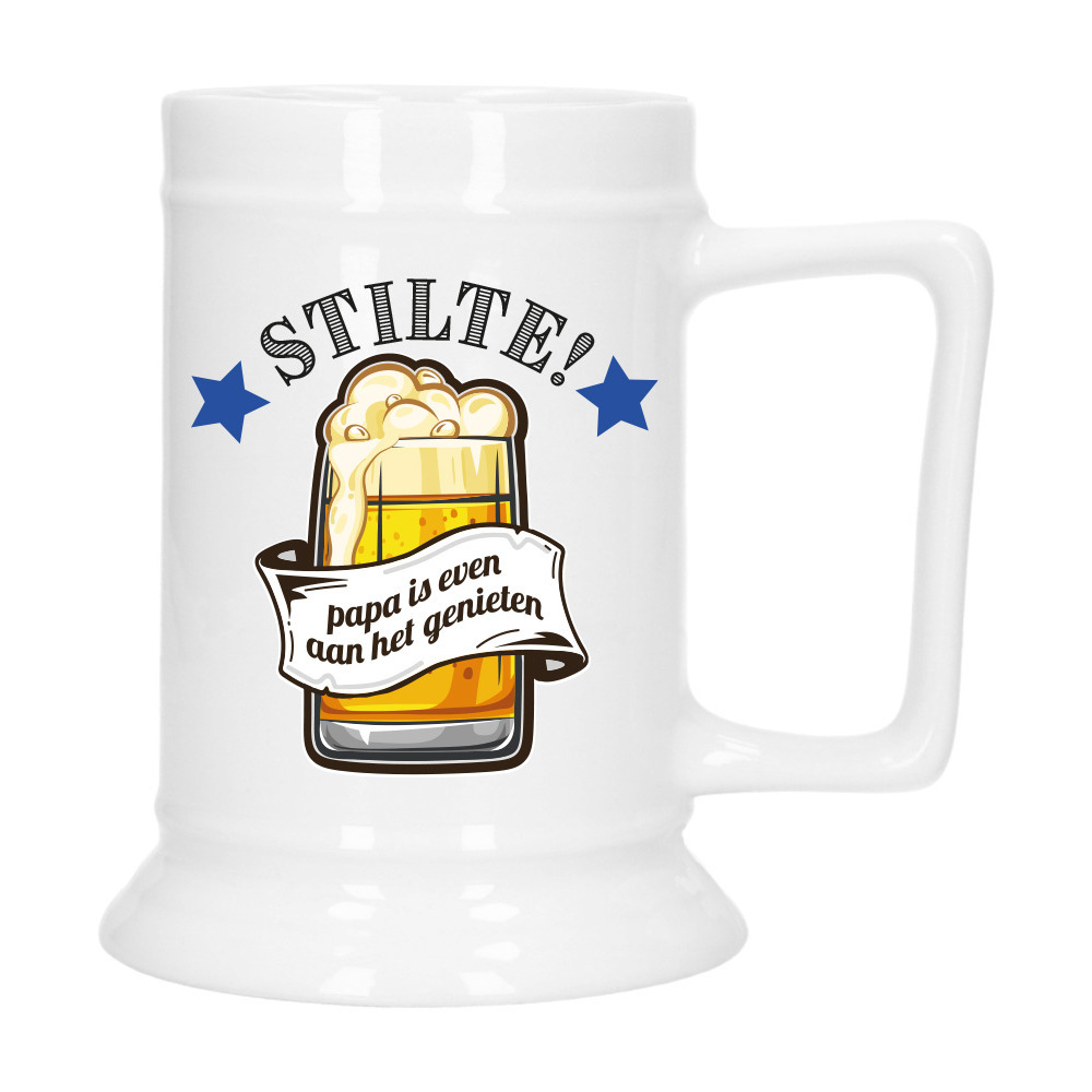 Cadeau Bierpul voor papa - blauw - stilte! - keramiek - 530 ml - Vaderdag -