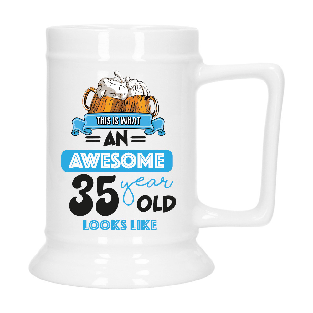 Cadeau Bierpul voor 35 jaar - blauw - grappige leeftijd bierpul - keramiek - 530 ml -