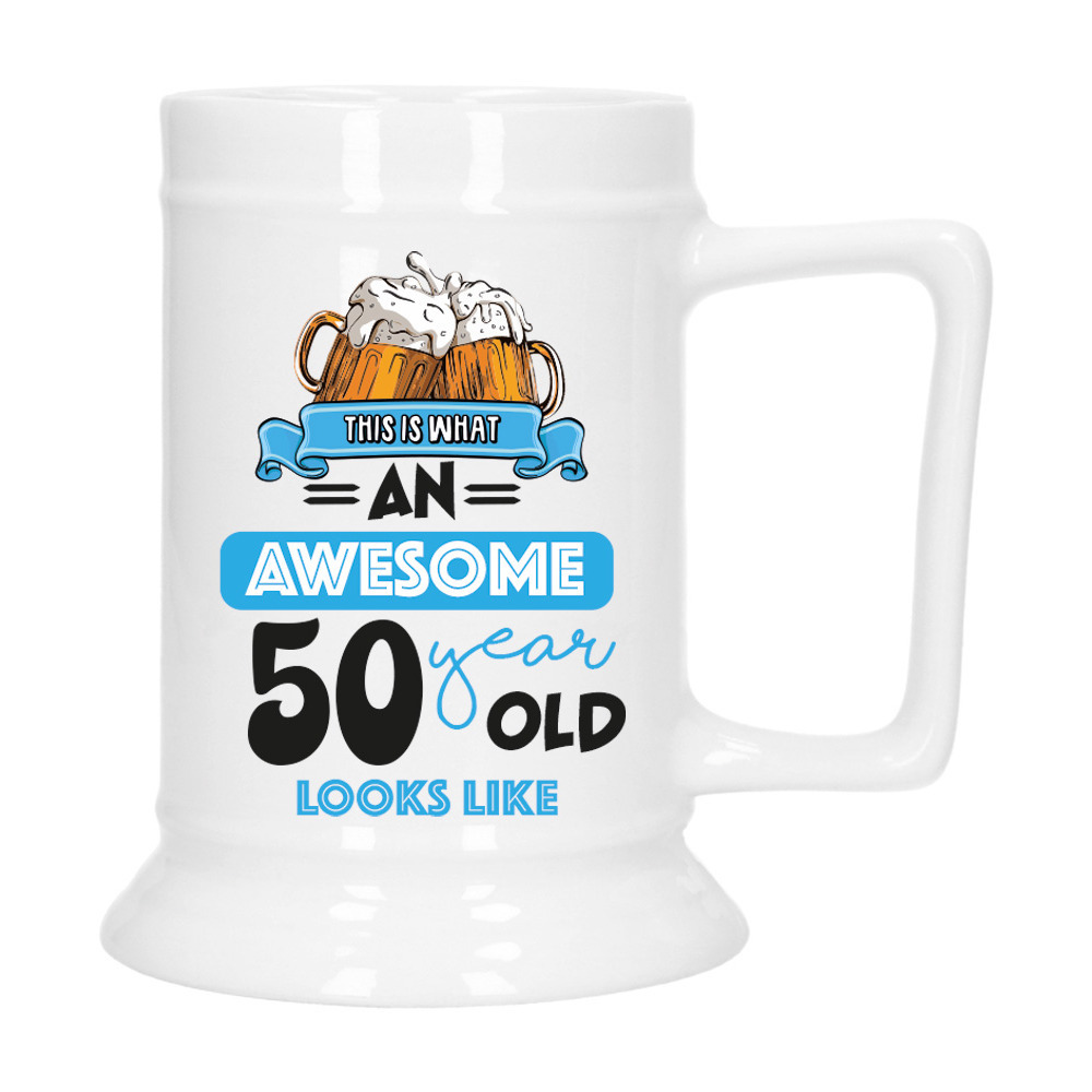 Cadeau Bierpul voor 50 jaar - blauw - grappige leeftijd bierpul - keramiek - 530 ml - Abraham -
