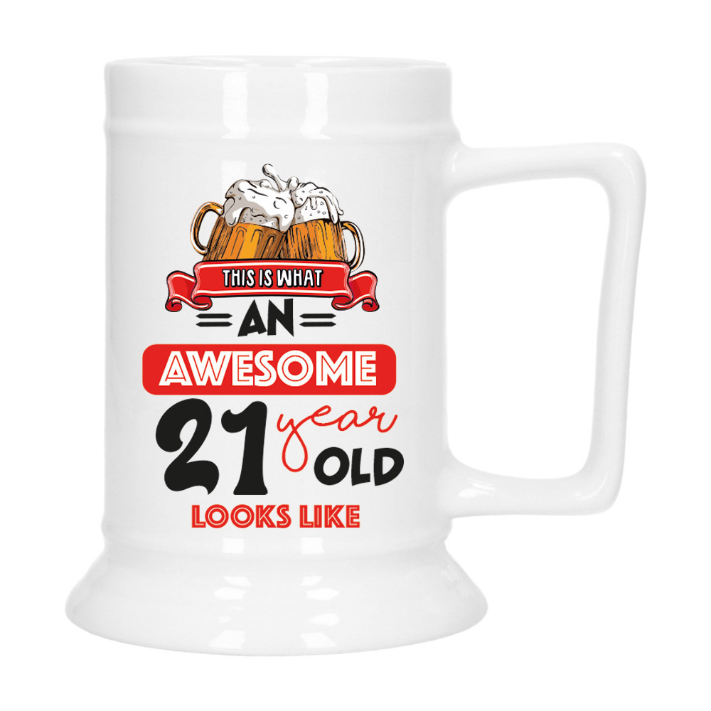 Cadeau Bierpul voor 21 jaar - rood - grappige leeftijd bierpul - keramiek - 530 ml -