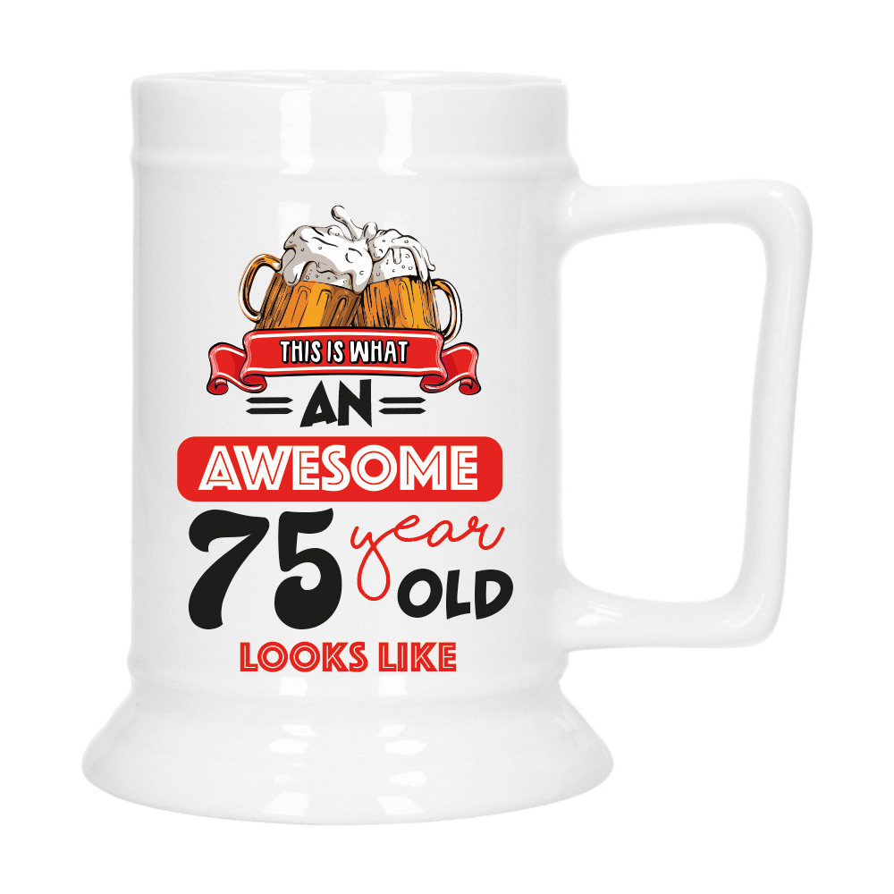 Cadeau Bierpul voor 75 jaar - rood - grappige leeftijd bierpul - keramiek - 530 ml -