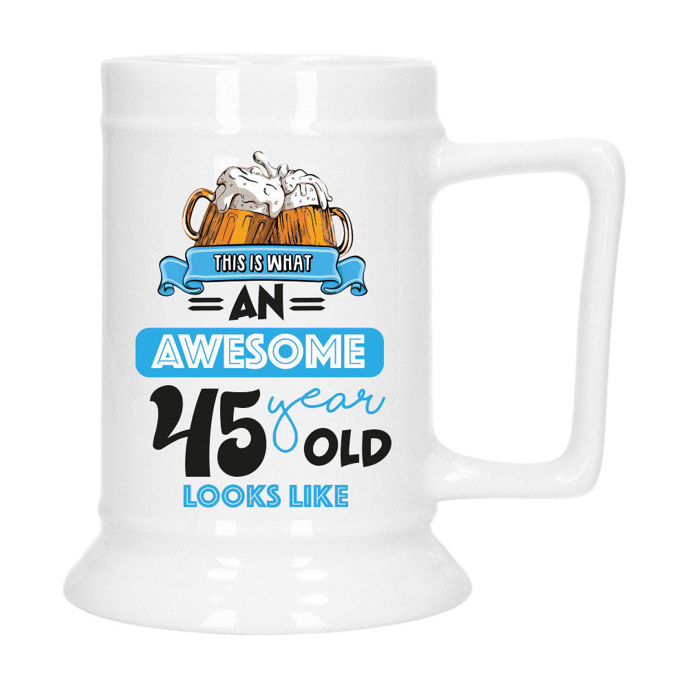 Cadeau Bierpul voor 45 jaar - blauw - grappige leeftijd bierpul - keramiek - 530 ml -
