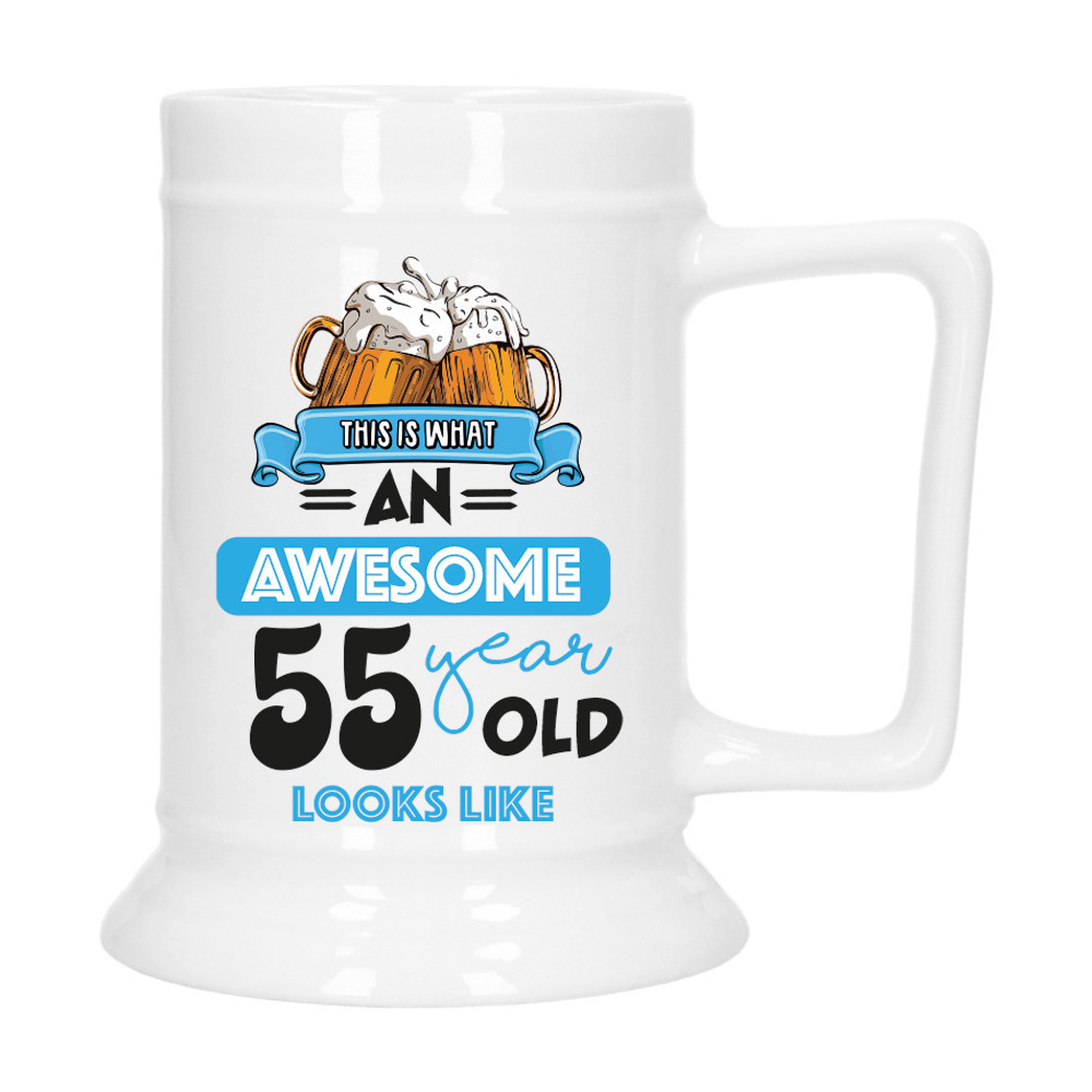 Cadeau Bierpul voor 55 jaar - blauw - grappige leeftijd bierpul - keramiek - 530 ml -