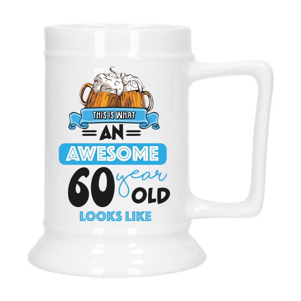Cadeau Bierpul voor 60 jaar - blauw - grappige leeftijd bierpul - keramiek - 530 ml -