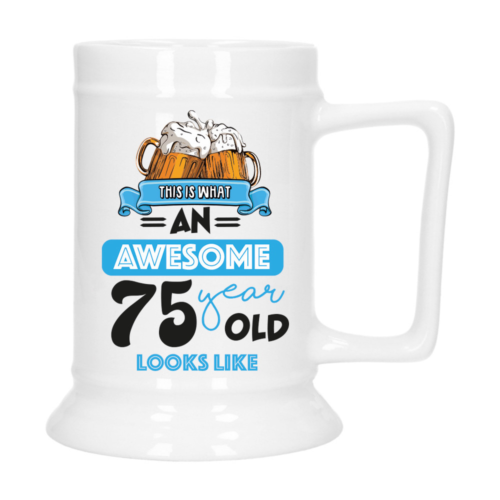 Cadeau Bierpul voor 75 jaar - blauw - grappige leeftijd bierpul - keramiek - 530 ml -
