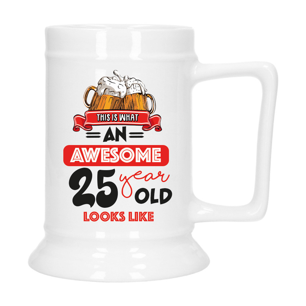 Cadeau Bierpul voor 25 jaar - rood - grappige leeftijd bierpul - keramiek - 530 ml -
