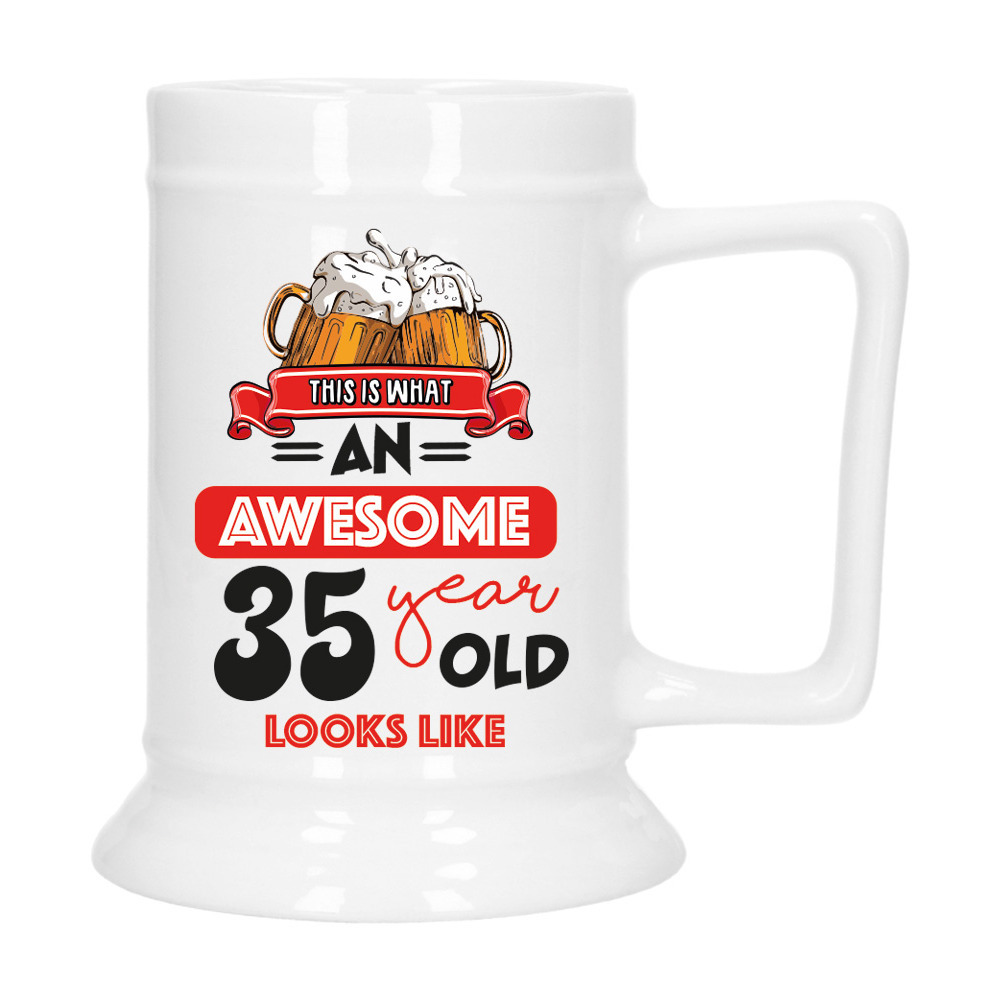 Cadeau Bierpul voor 35 jaar - rood - grappige leeftijd bierpul - keramiek - 530 ml -