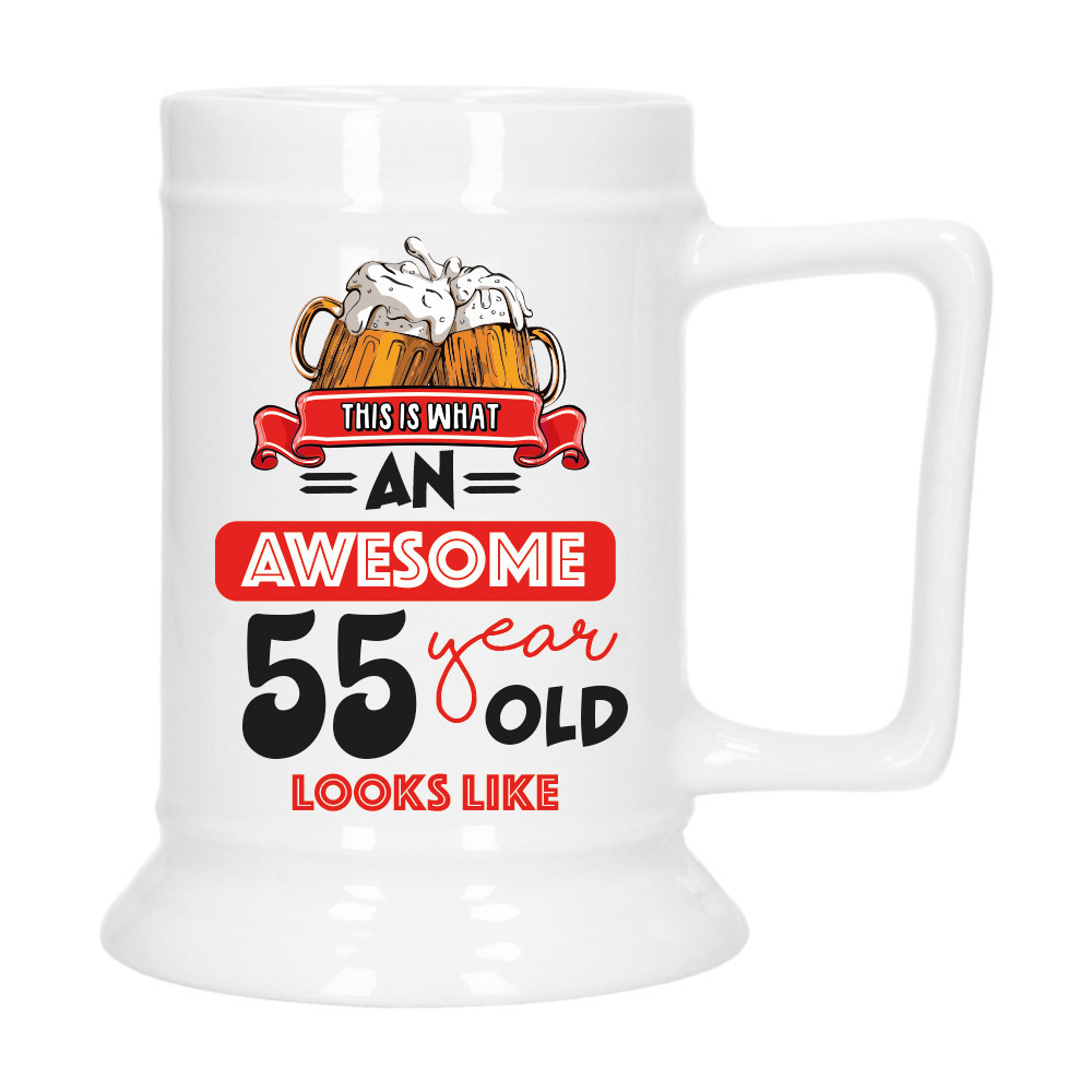 Cadeau Bierpul voor 55 jaar - rood - grappige leeftijd bierpul - keramiek - 530 ml -