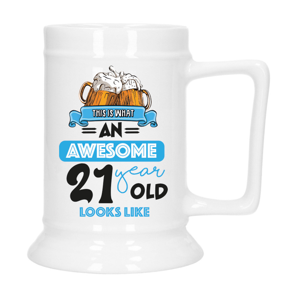 Cadeau Bierpul voor 21 jaar - blauw - grappige leeftijd bierpul - keramiek - 530 ml -