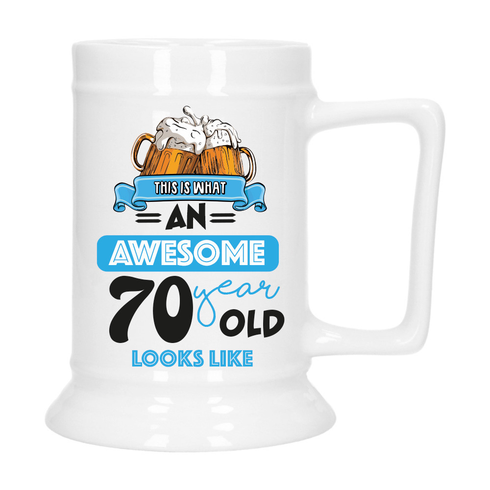 Cadeau Bierpul voor 70 jaar - blauw - grappige leeftijd bierpul - keramiek - 530 ml -