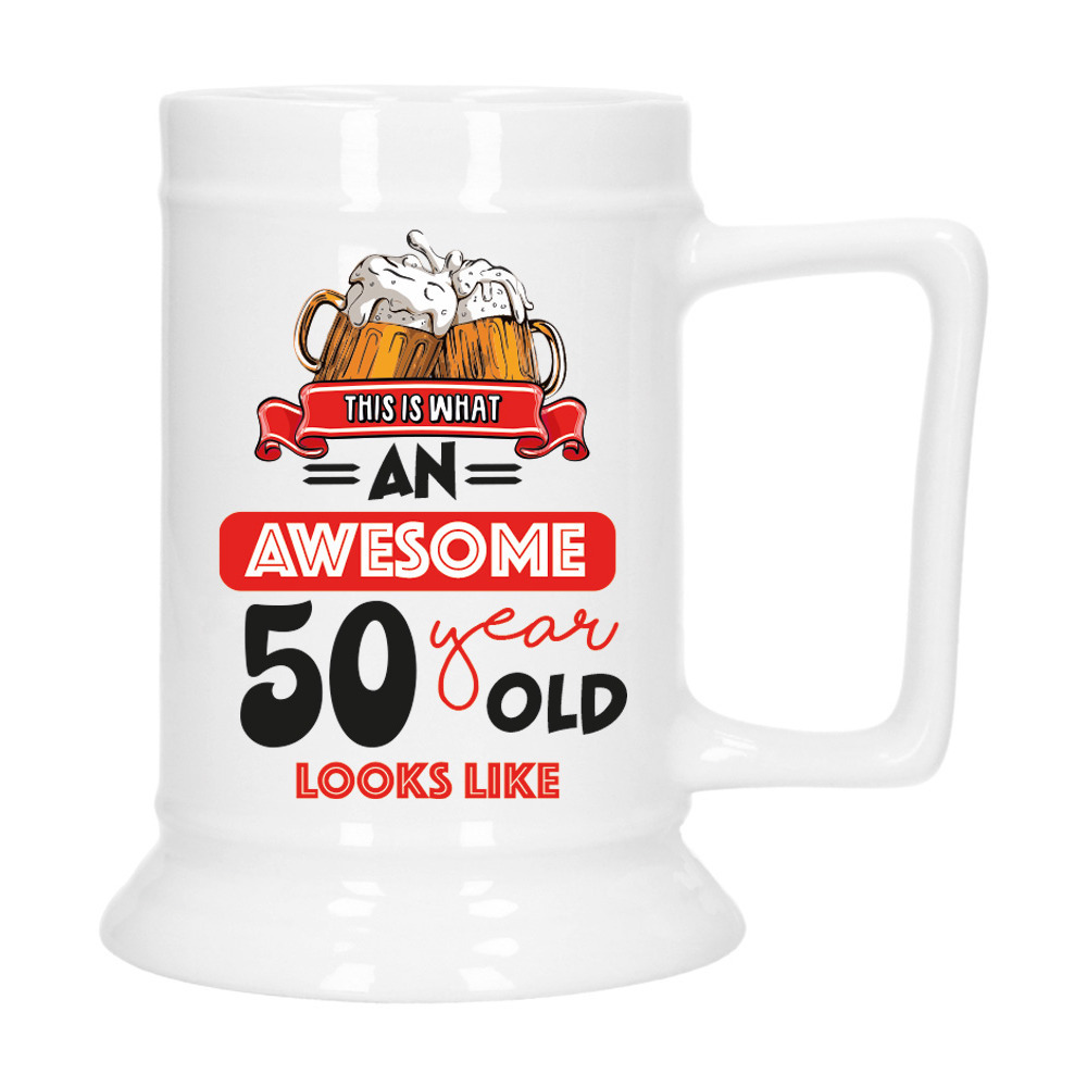Cadeau Bierpul voor 50 jaar - rood - grappige leeftijd bierpul - keramiek - 530 ml - Abraham -