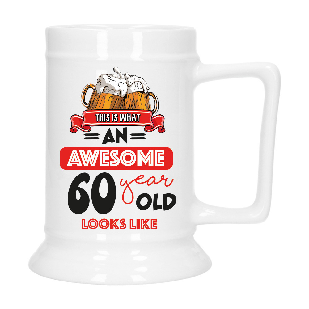 Cadeau Bierpul voor 60 jaar - rood - grappige leeftijd bierpul - keramiek - 530 ml -