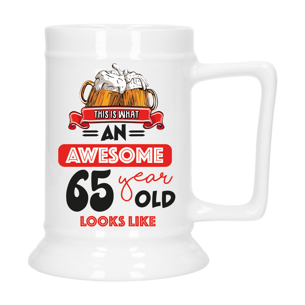 Cadeau Bierpul voor 65 jaar - rood - grappige leeftijd bierpul - keramiek - 530 ml -