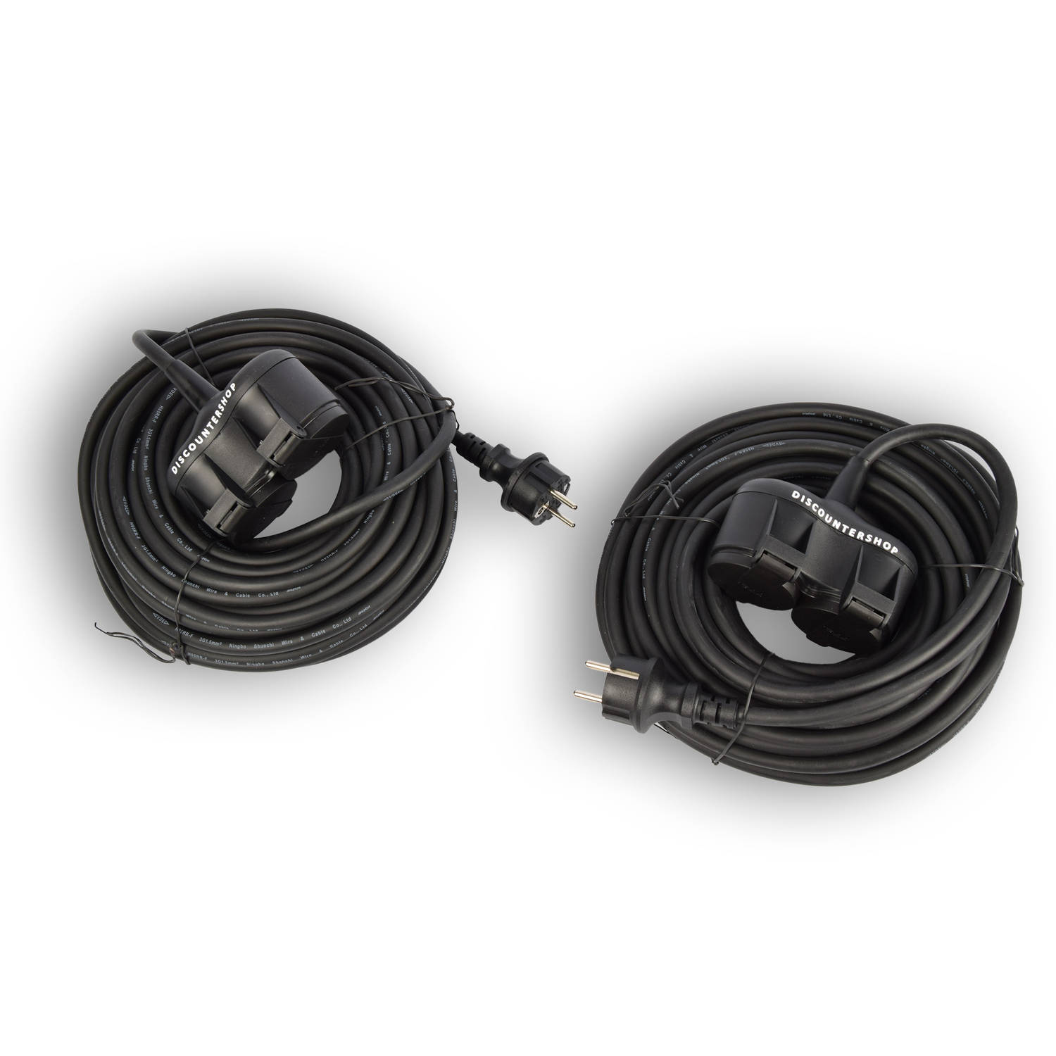 2x Robuust Rubber Verlengsnoer met 2 stopcontacten - cable - 3G1.5MM² - Zwarte - Max 3500 Watt, 20m Kabellengte - IP44 -