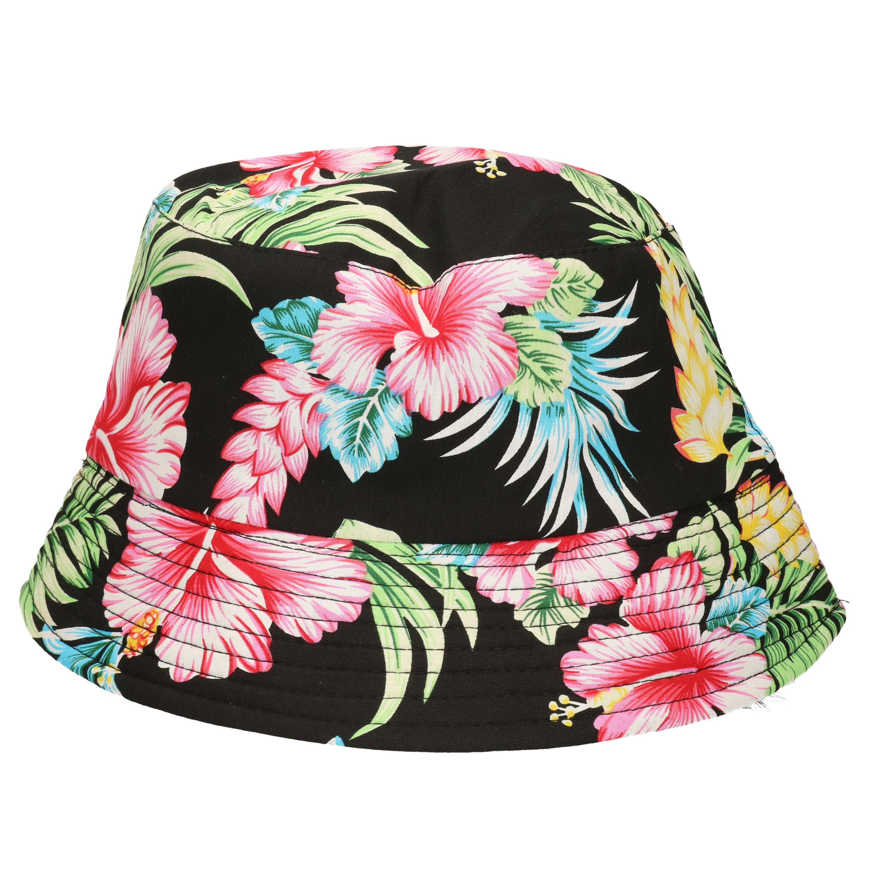 Verkleed hoedje Tropical Hawaii party - Summer print - zwart - volwassenen - Carnaval - bucket hat -