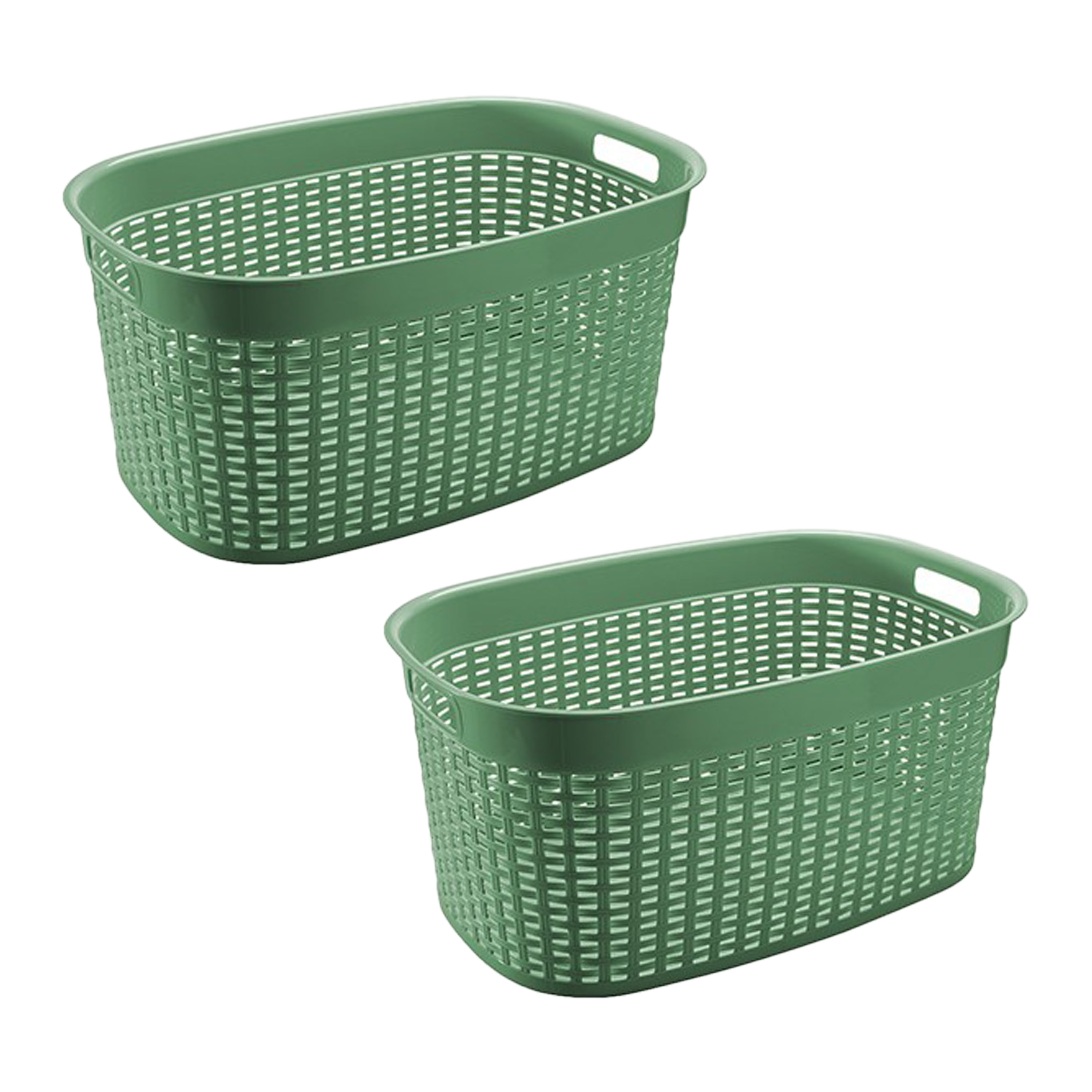 Rotan line wasmand - 2x - groen - inhoud 44 liter - kunststof - 58 x 39 x 27 cm - met handvatten -
