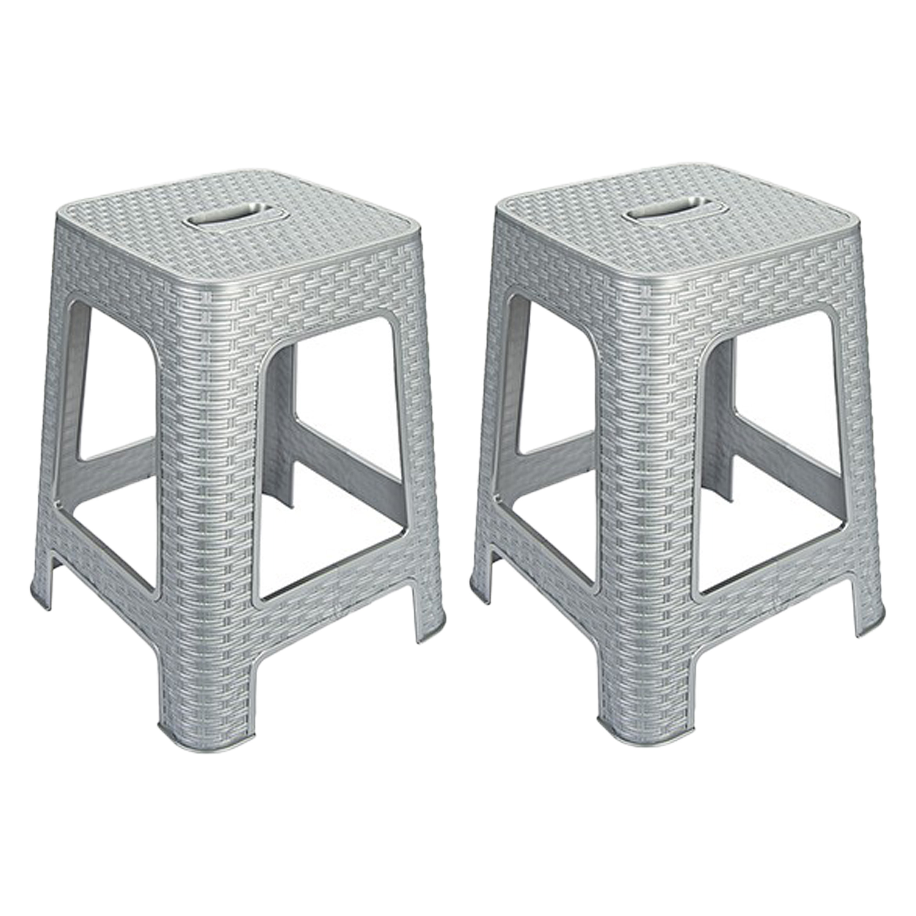 Zit of opstap krukje - 2x - Rotan line - zilvergrijs - kunststof - 37 x 37 x 45 cm -