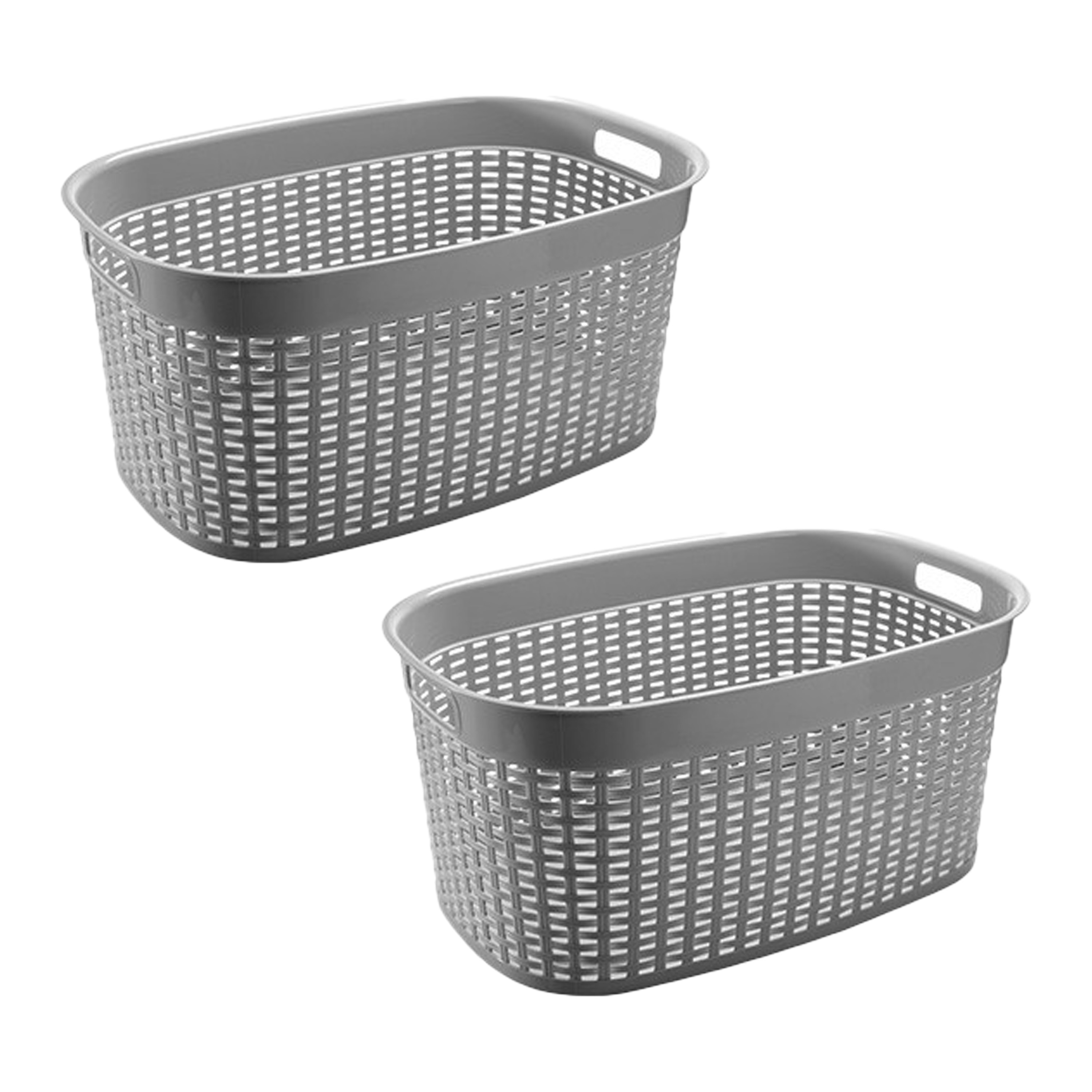Rotan line wasmand - 2x - zilvergrijs - inhoud 44 liter - kunststof - 58x39x27 cm - met handvatten -
